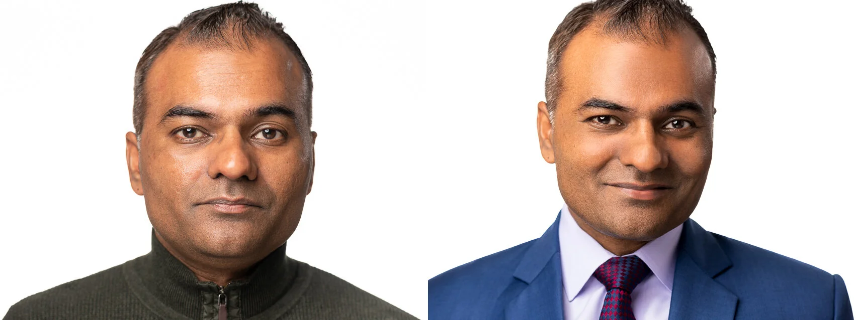 Comparison of a bad headshot vs. a coached professional headshot showing confidence