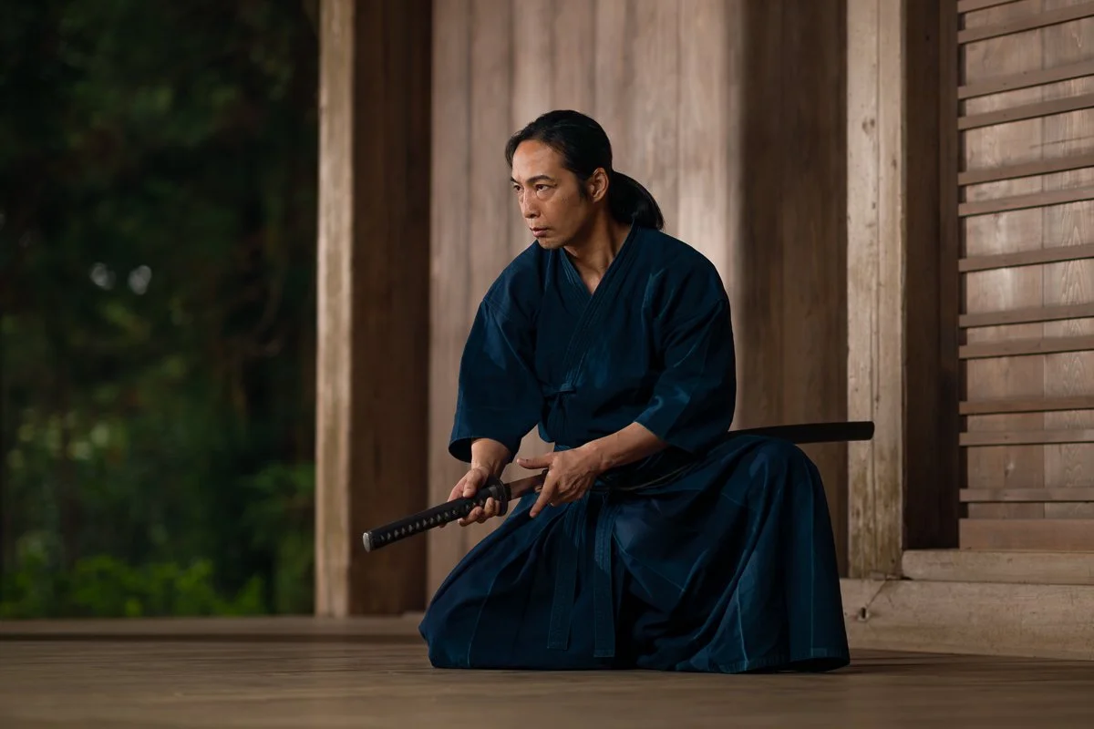 A Japanese man dressed in a dark blue hakama, kneeling on a wooden temple floor, drawing a sword from its sheath.
