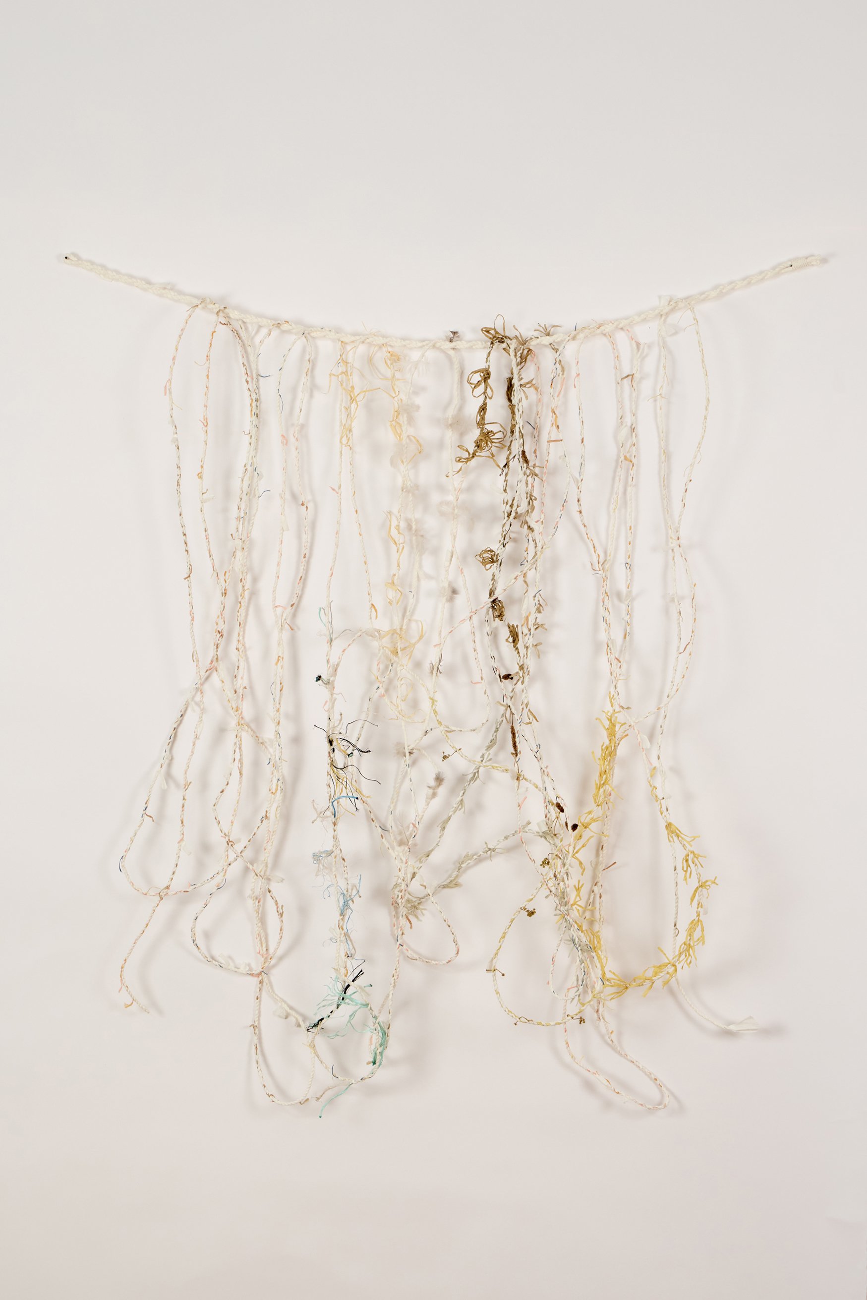 Ropewalk, 2024 
Cordage made with discarded paper, paper yarn, found materials and natural dyes, 100cm x 100cm 
