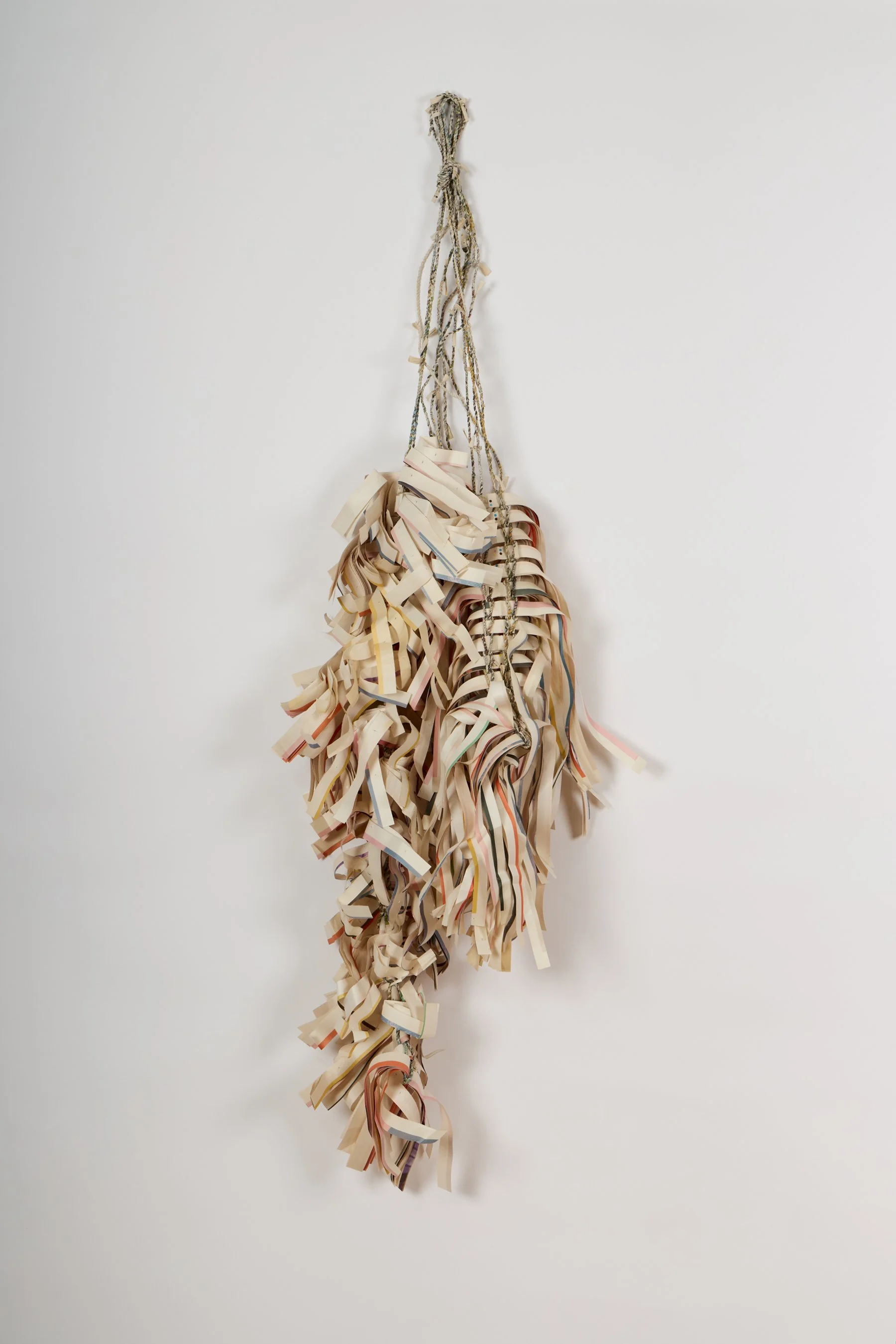 Never Waste What You Have Taken, 2024 
Twining and cordage from newspaper and newspaper offcuts, 120cm x 36cm x 28cm