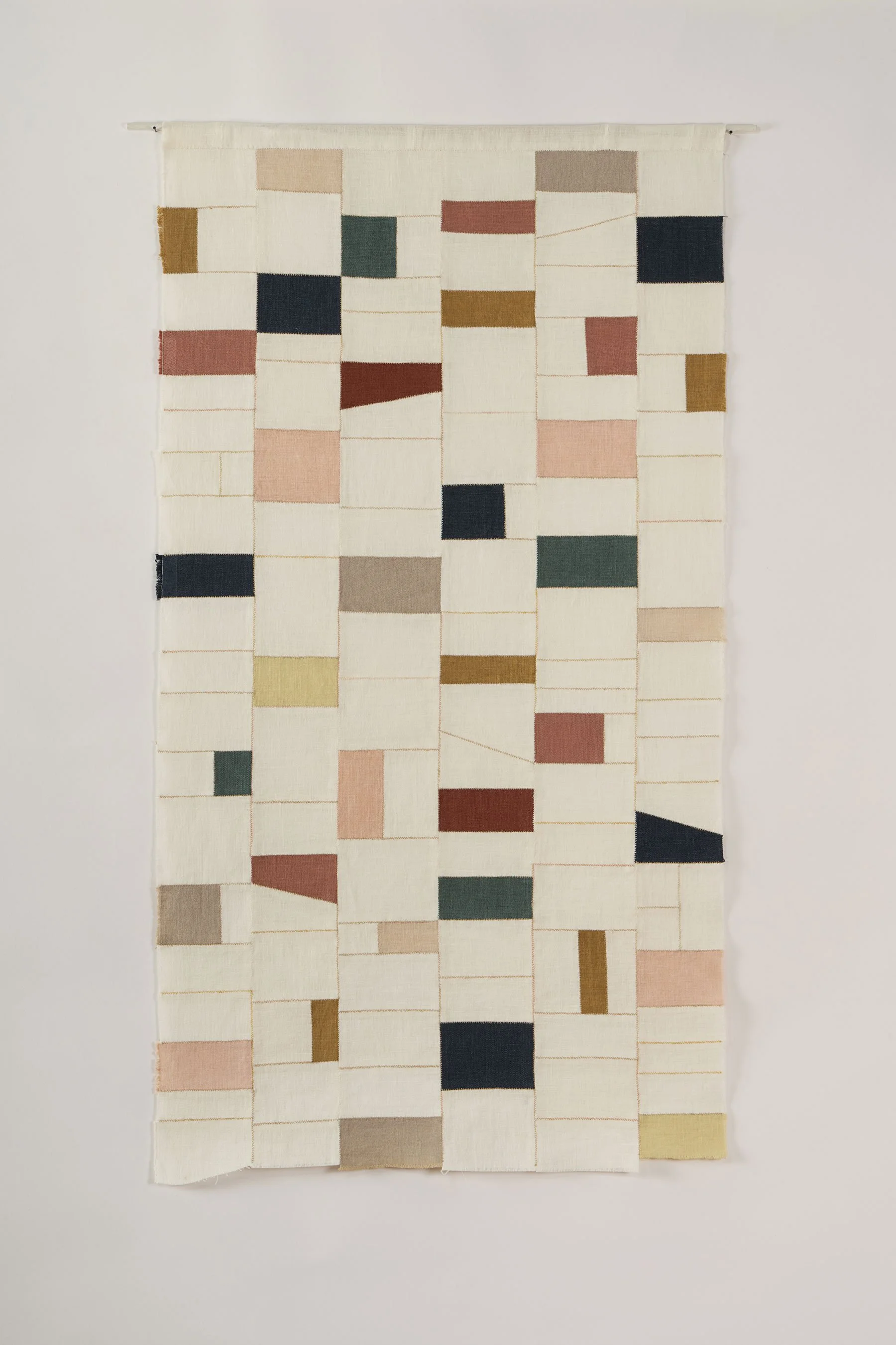 Marston to Muspole, 2023 
Hand-pieced linen offcuts with natural dyes,
92cm x 50cm
