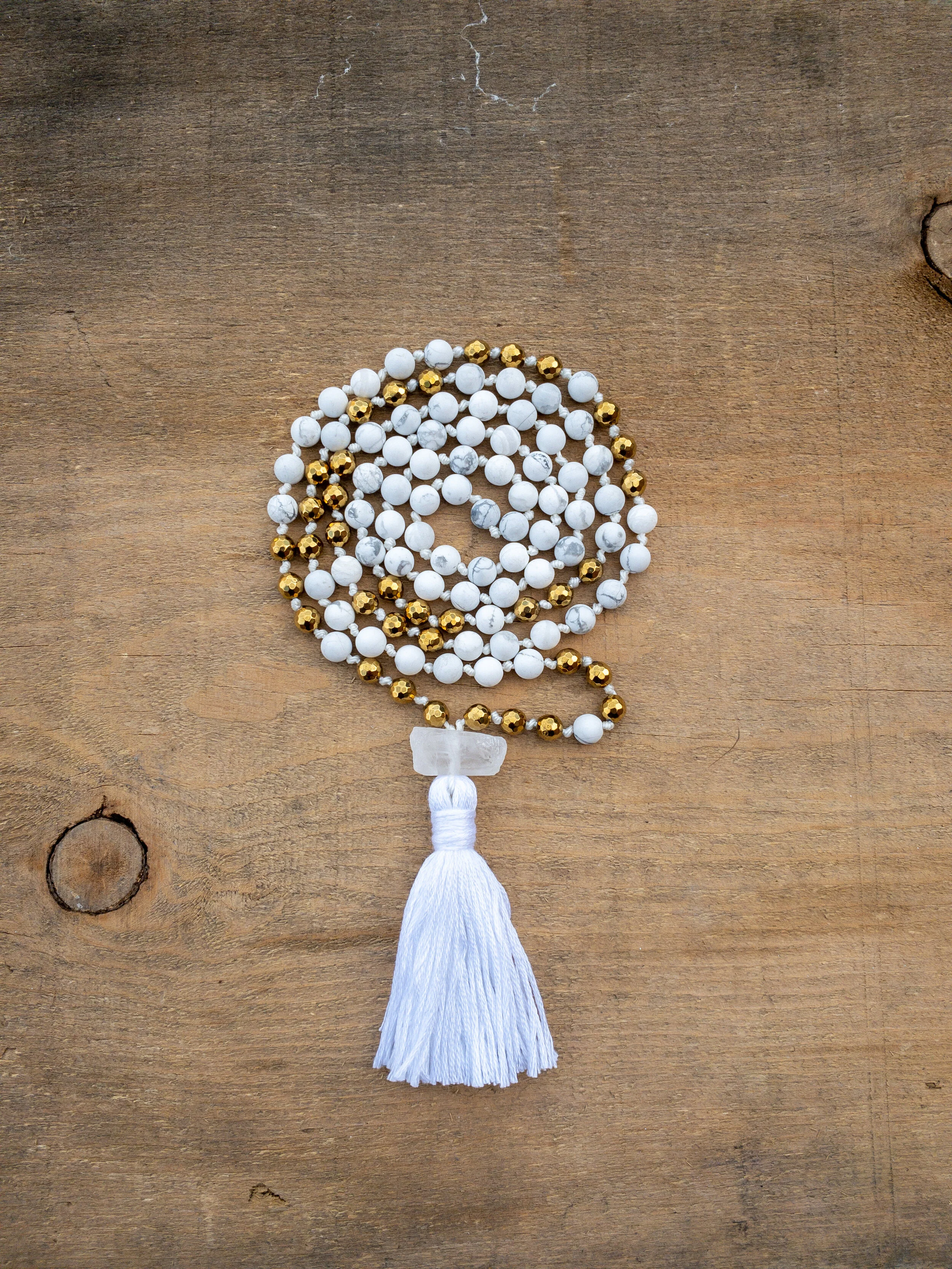 Howlite & Hematite Knotted Mala Bead Necklace