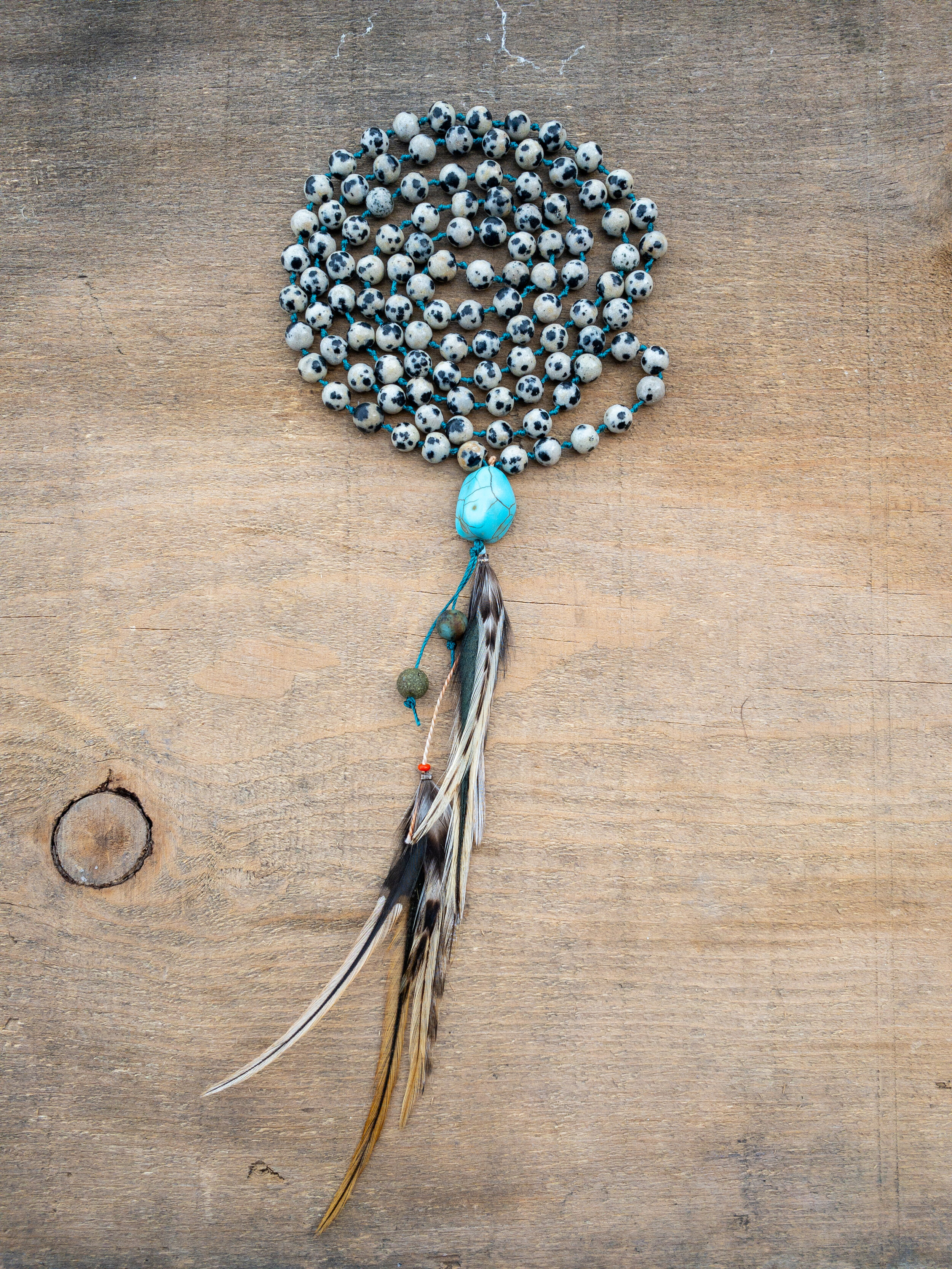 Dalmatian Jasper Mala Bead Necklace with Feather Tassel