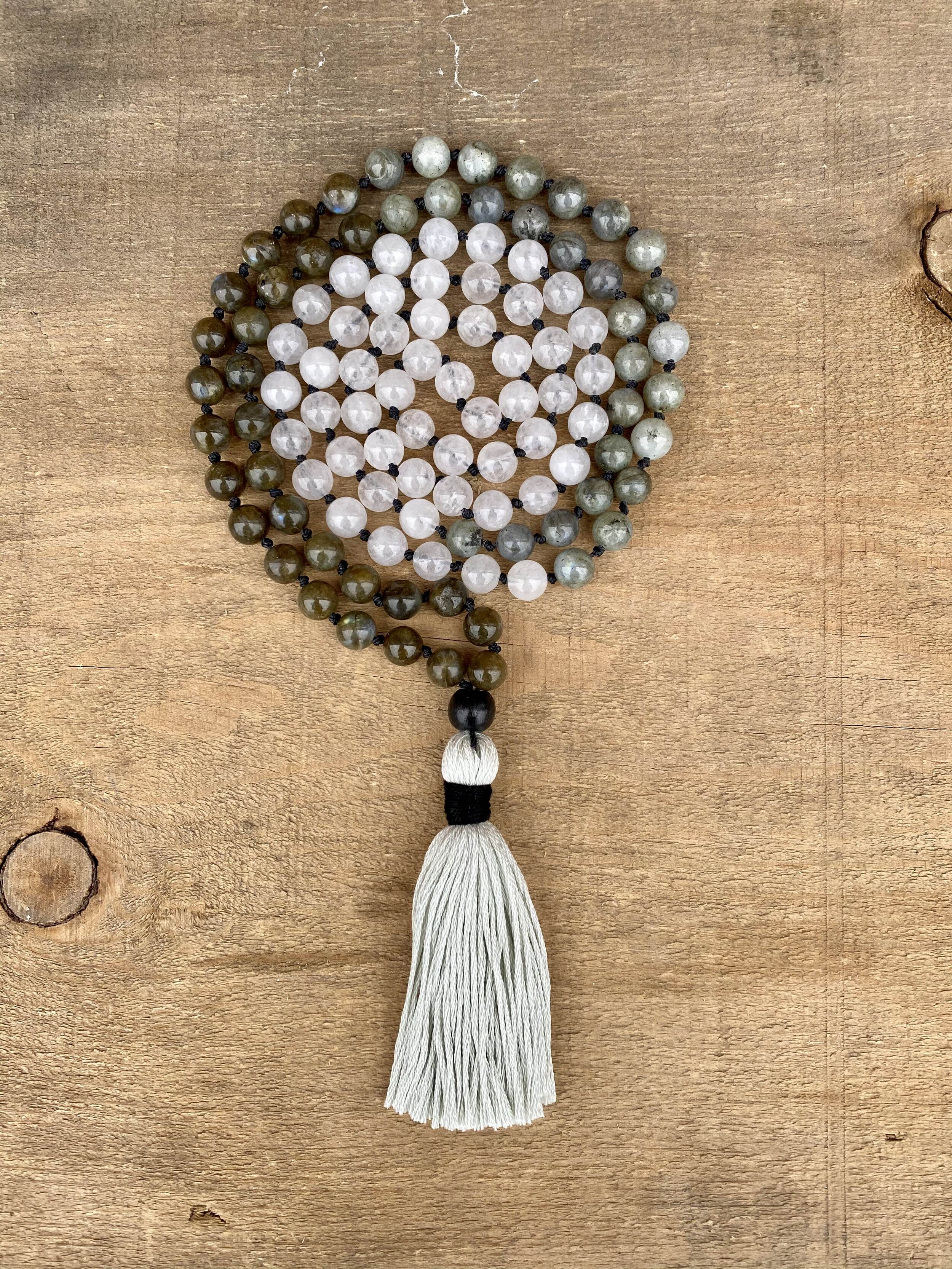 Labradorite & White Jade Knotted Mala Bead Necklace