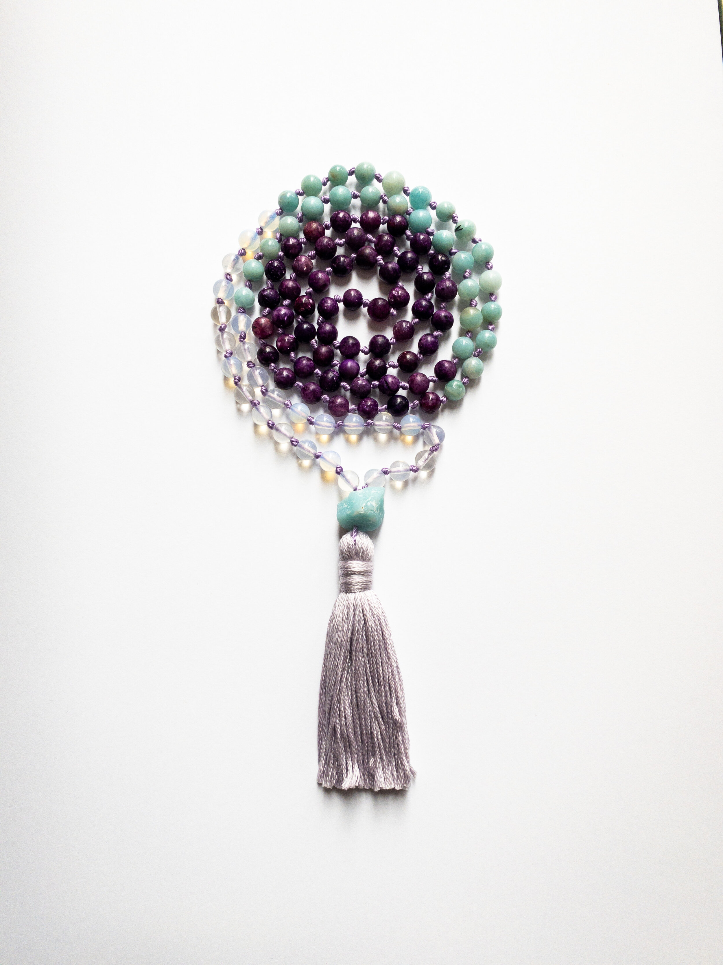 Amazonite, Lepidolite & Opalite Knotted Mala Bead Necklace