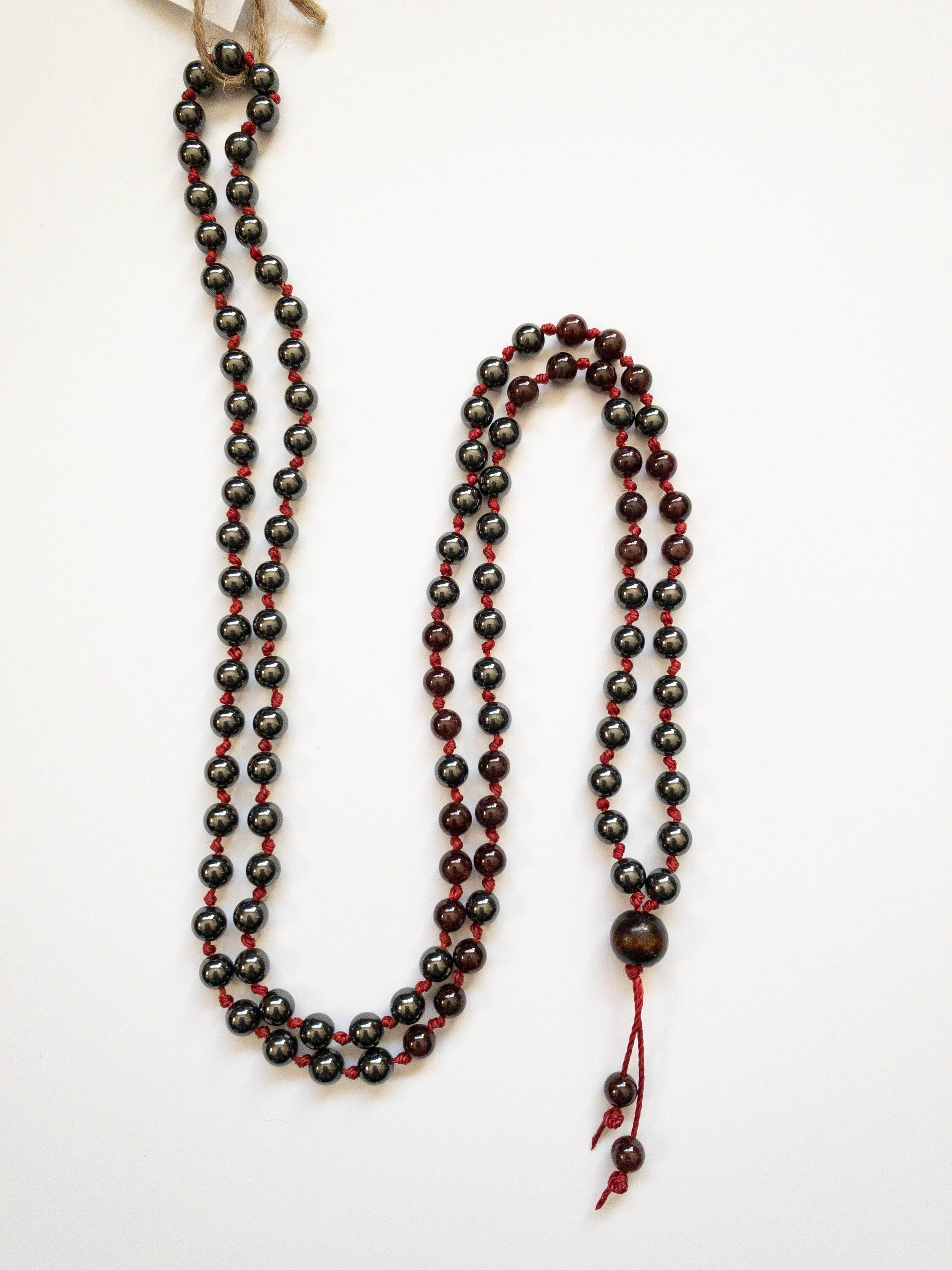 Hematite & Garnet Knotted Mala Bead Necklace