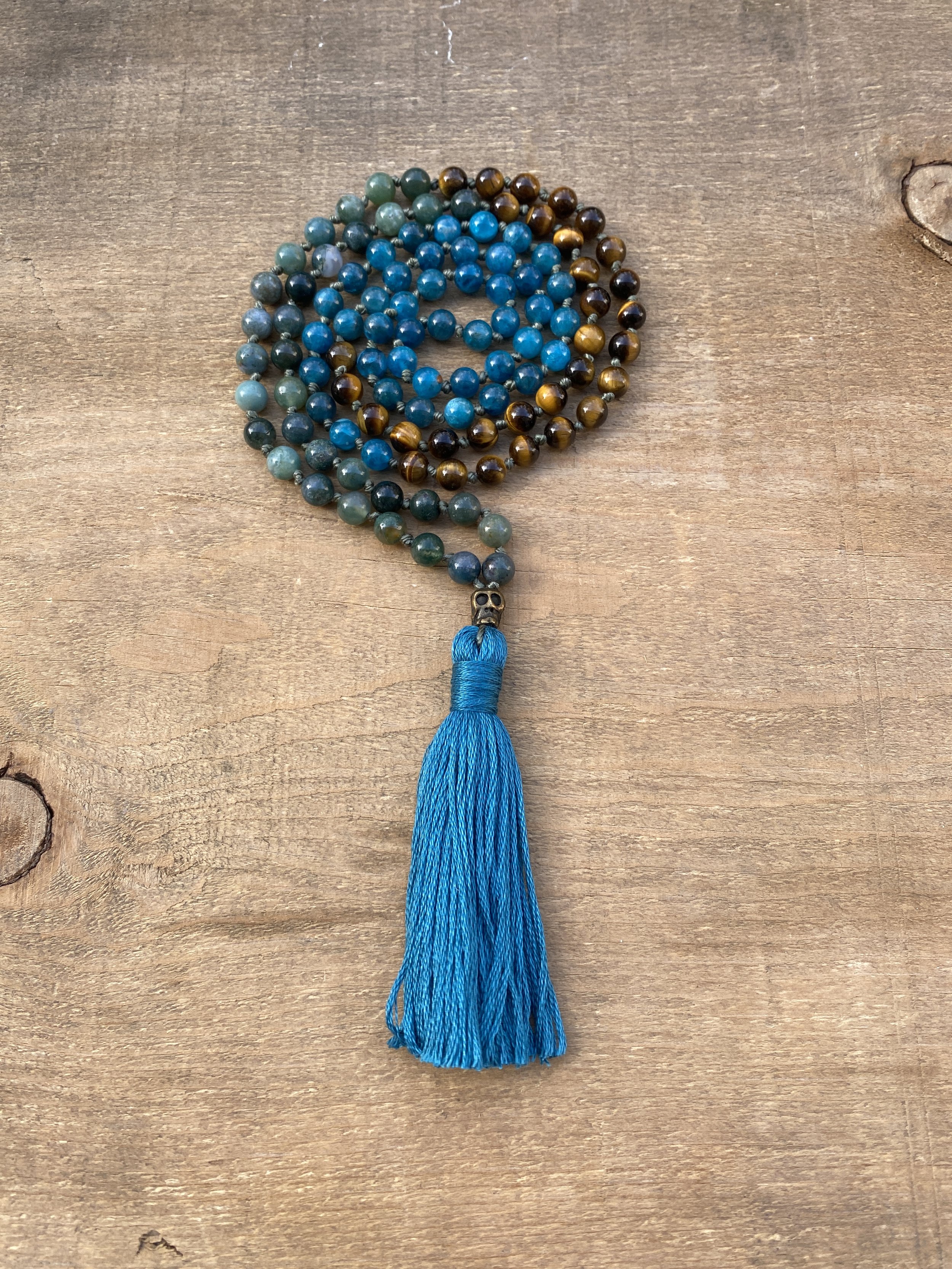 Tiger's Eye, Apatite & Fancy Jasper Knotted Mala Bead Necklace