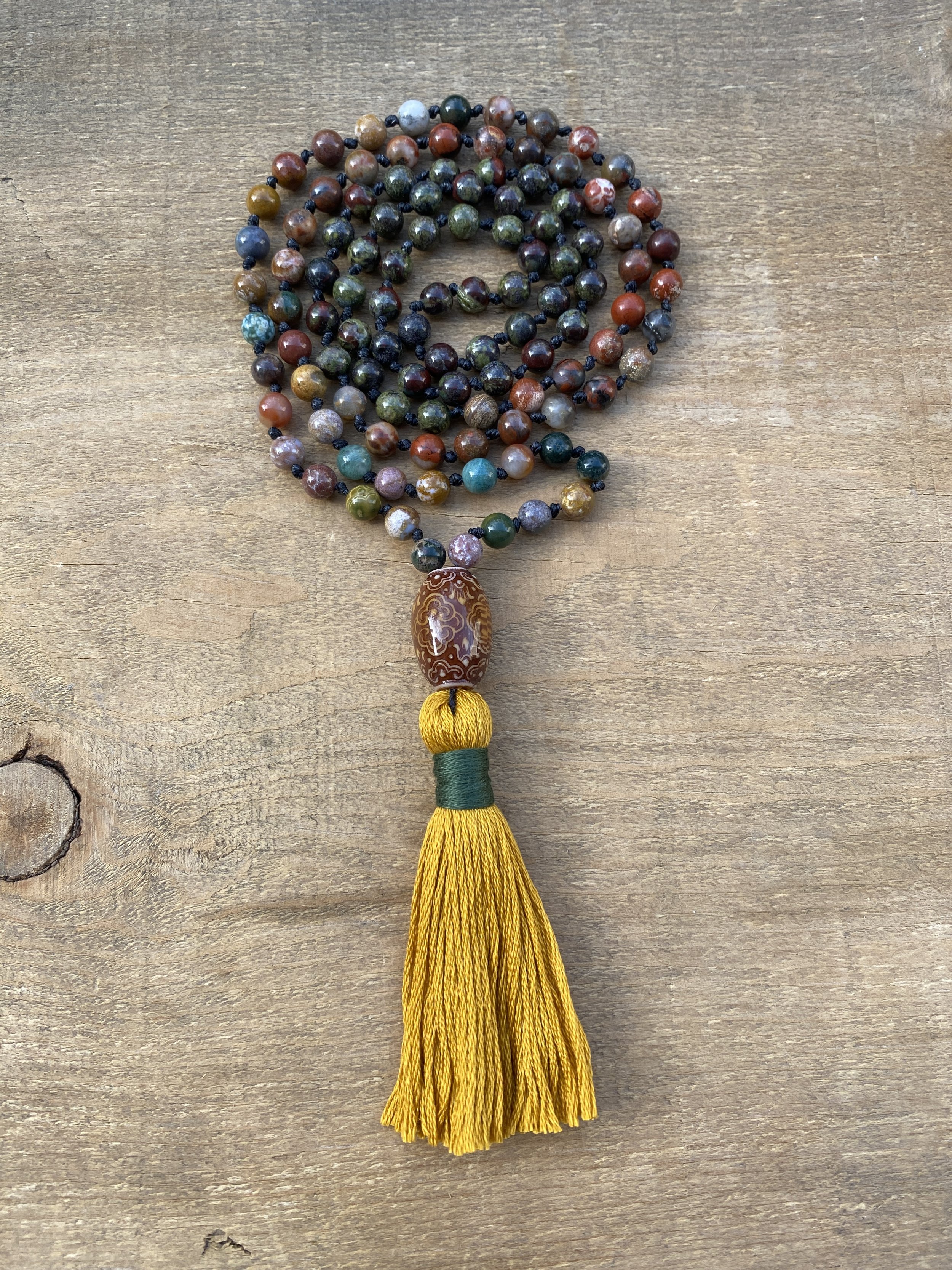 Dragon Blood Jasper, Ocean Jasper & Red Creek Jasper Knotted Mala Bead Necklace