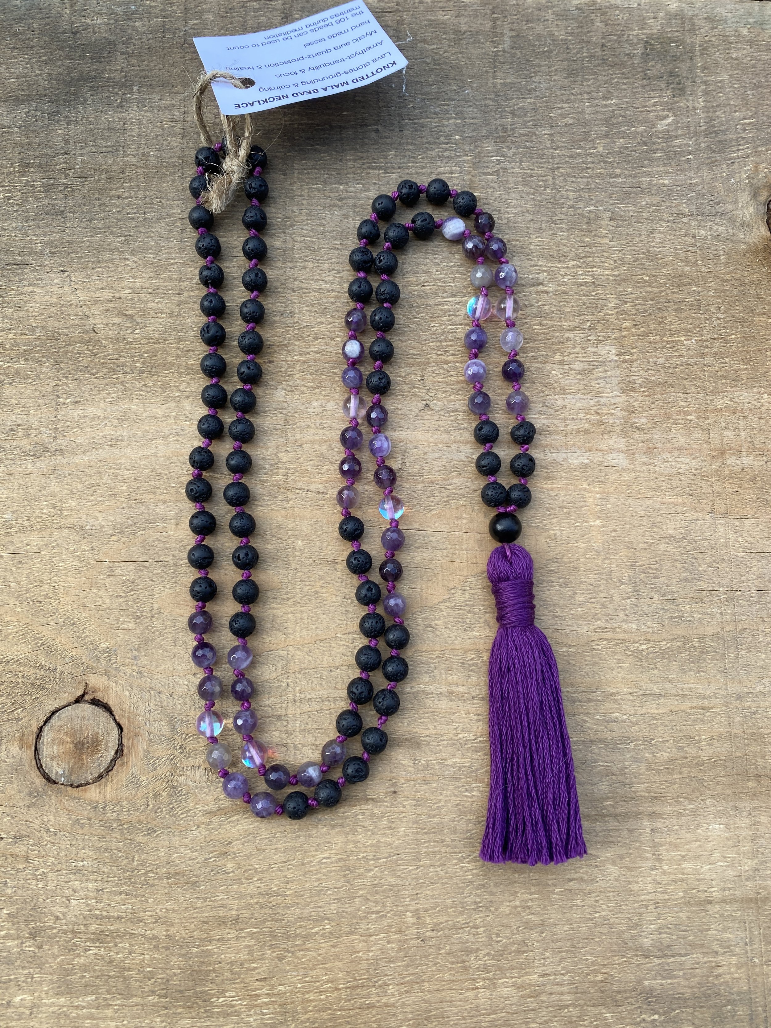 Lava stone, Aura Quartz & Amethyst Knotted Mala Bead Necklace