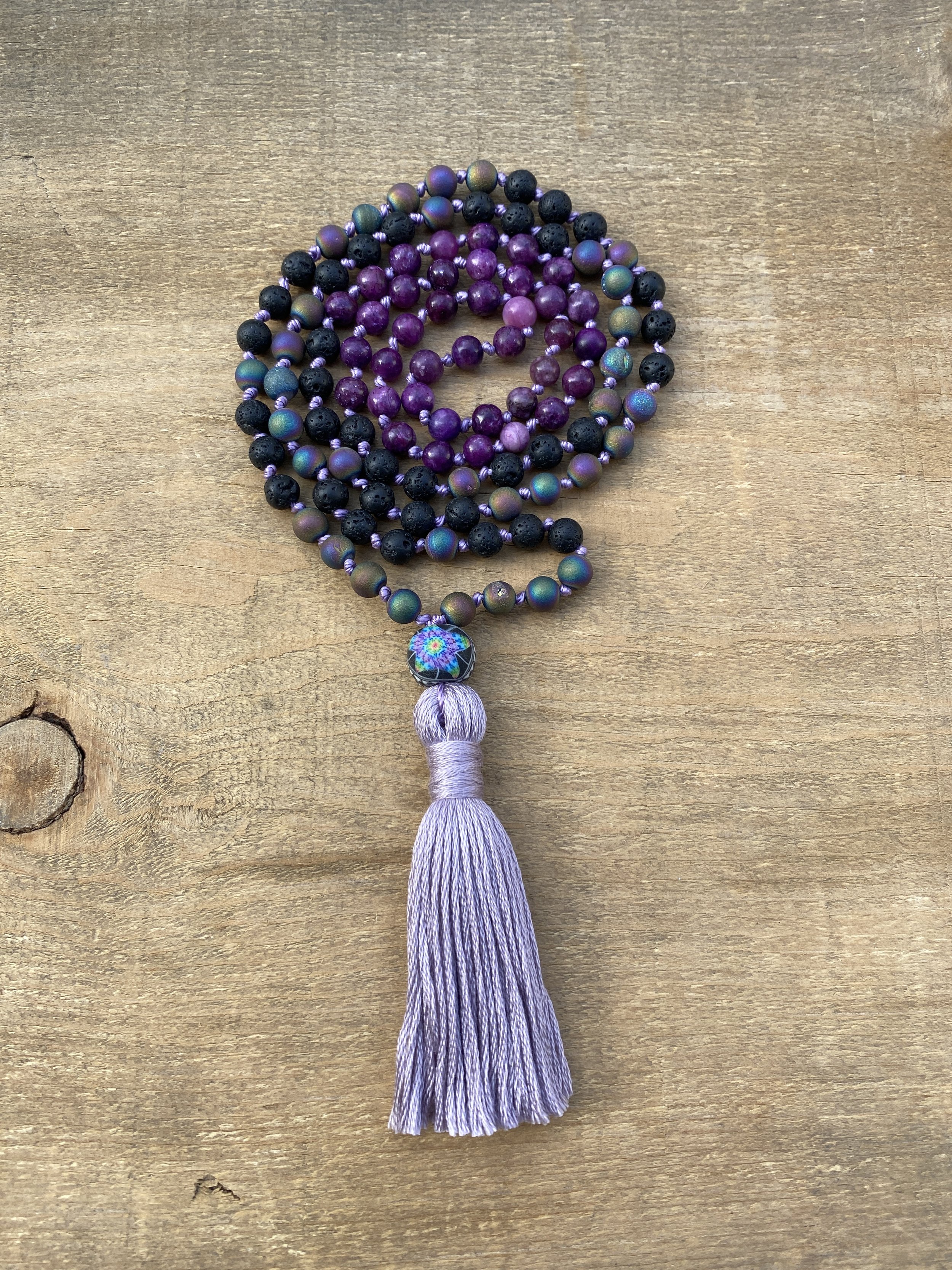 Lepidolite, Lava Stone & Druzy Knotted Mala Bead Necklace