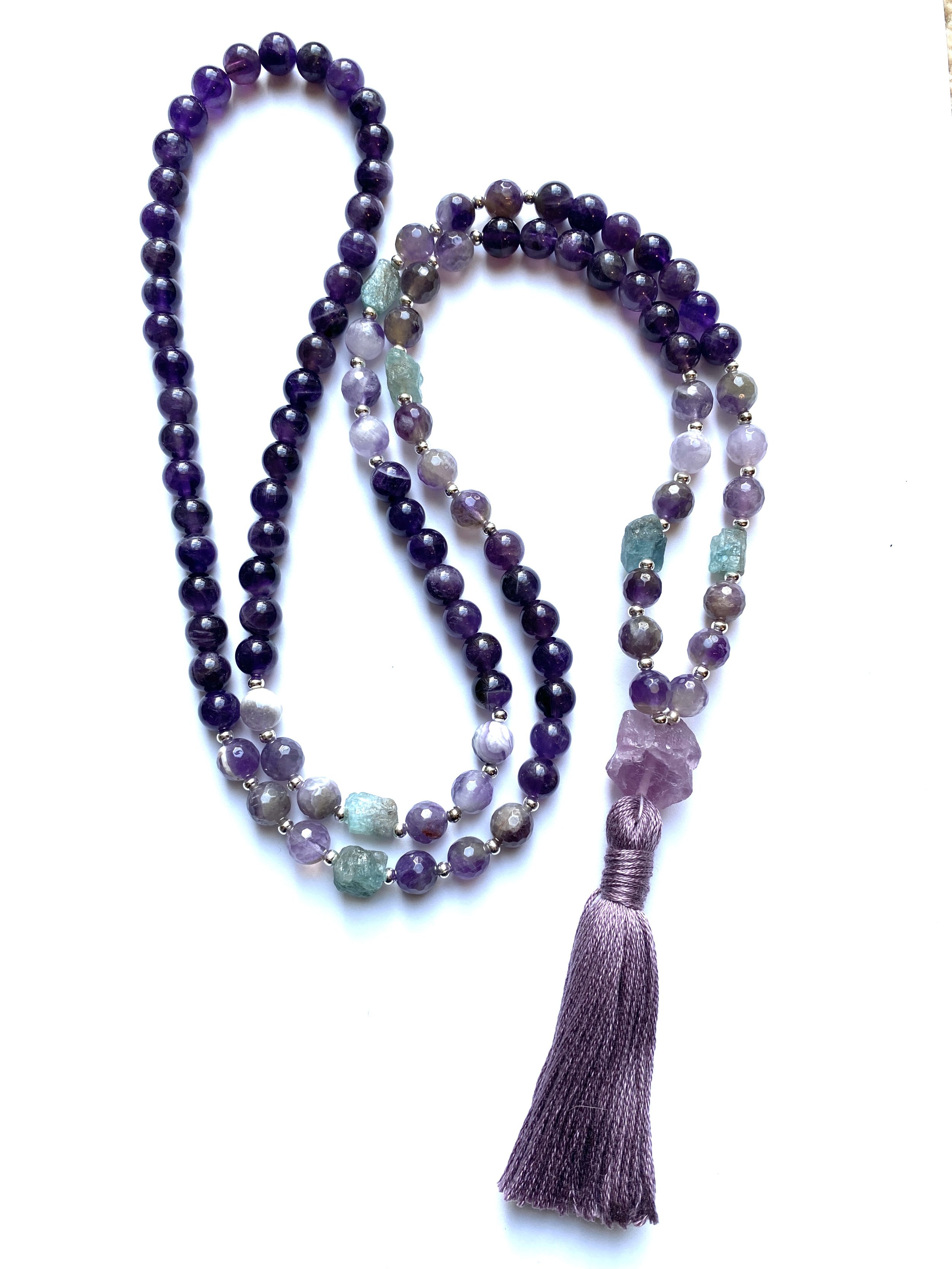 Amethyst & Kyanite Mala Bead Necklace