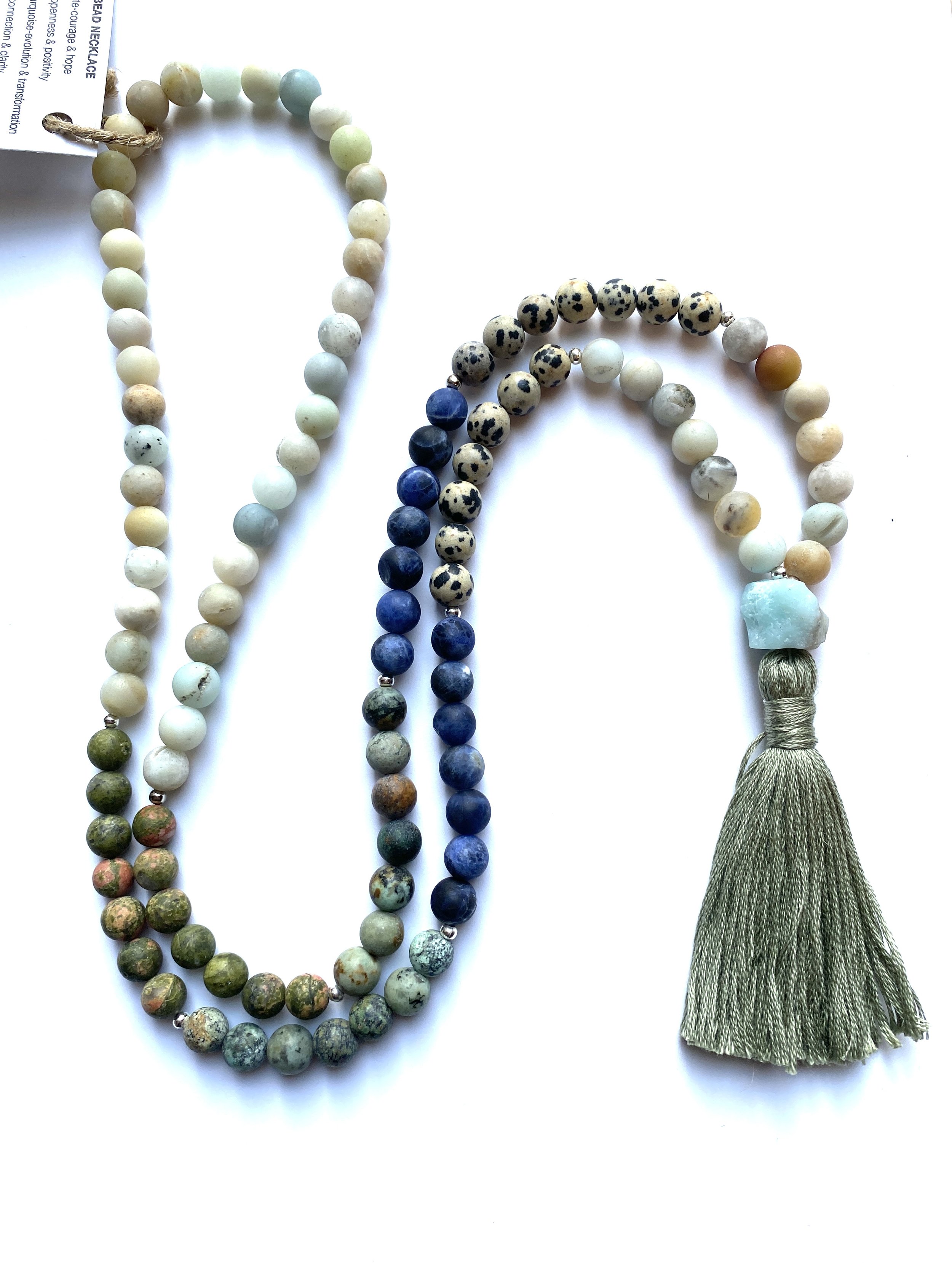 Dalmatian jasper, unakite, sodalite, african turquoise & amazonite Mala Bead Necklace