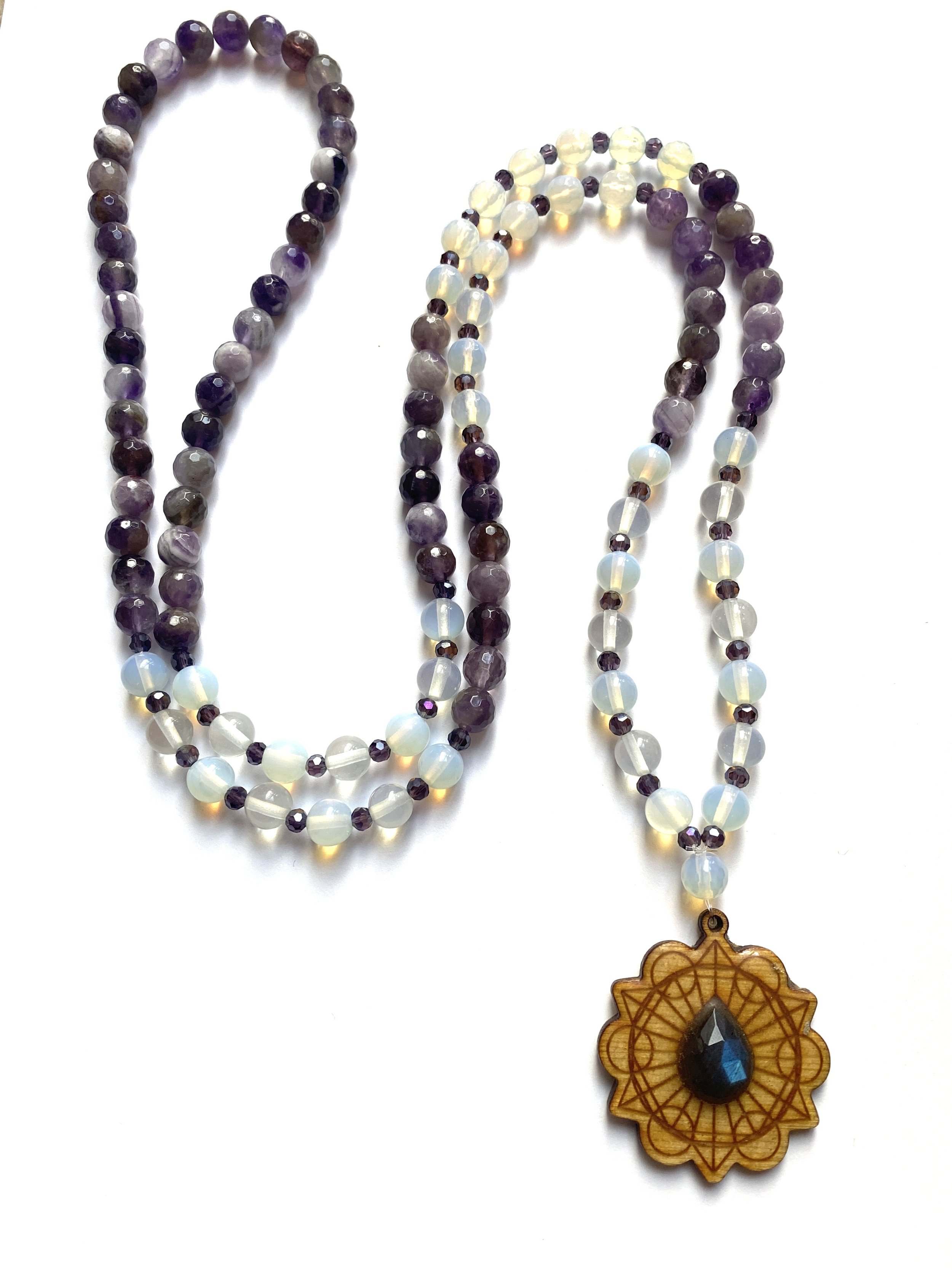 Amethyst & Opalite Mala Bead Necklace
