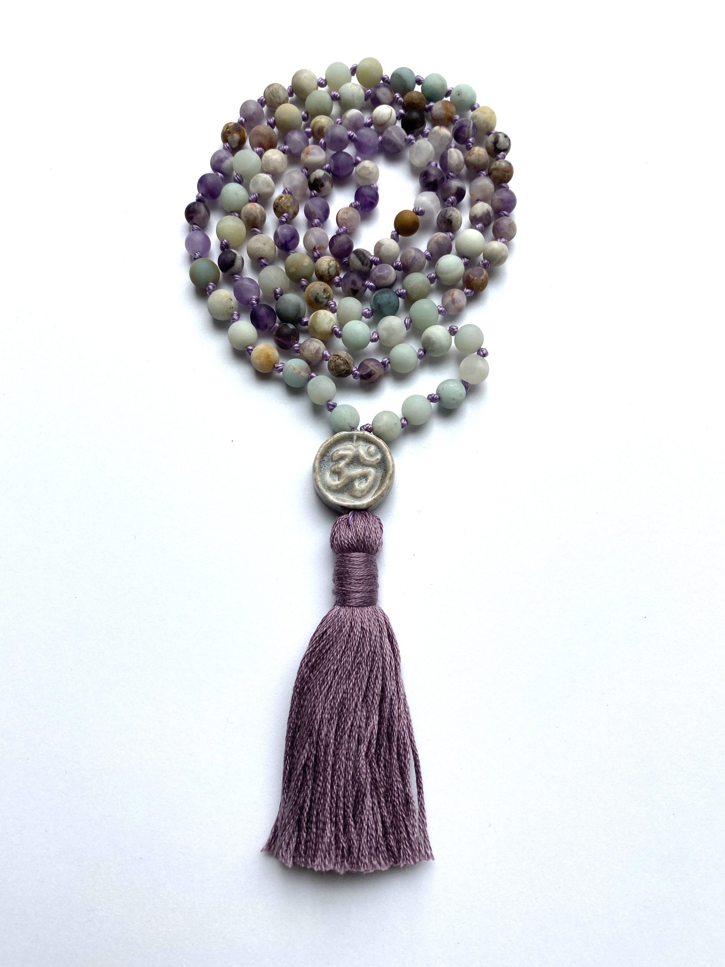 Amazonite & Amethyst Knotted Mala Bead Necklace