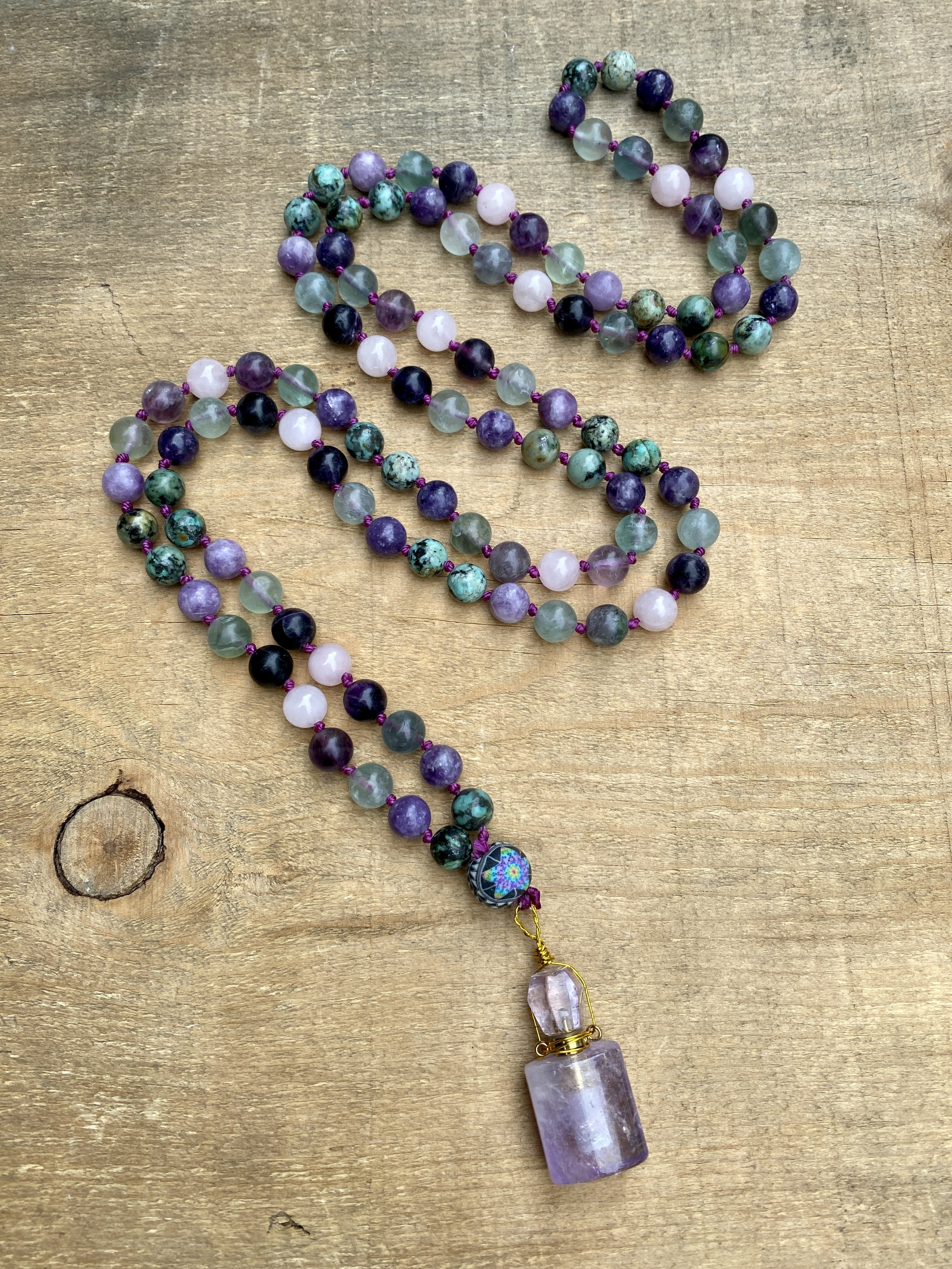 Fluorite, Rose Quartz, African Turquoise & Lepidolite Knotted Mala Bead Necklace with Amethyst Potion Bottle