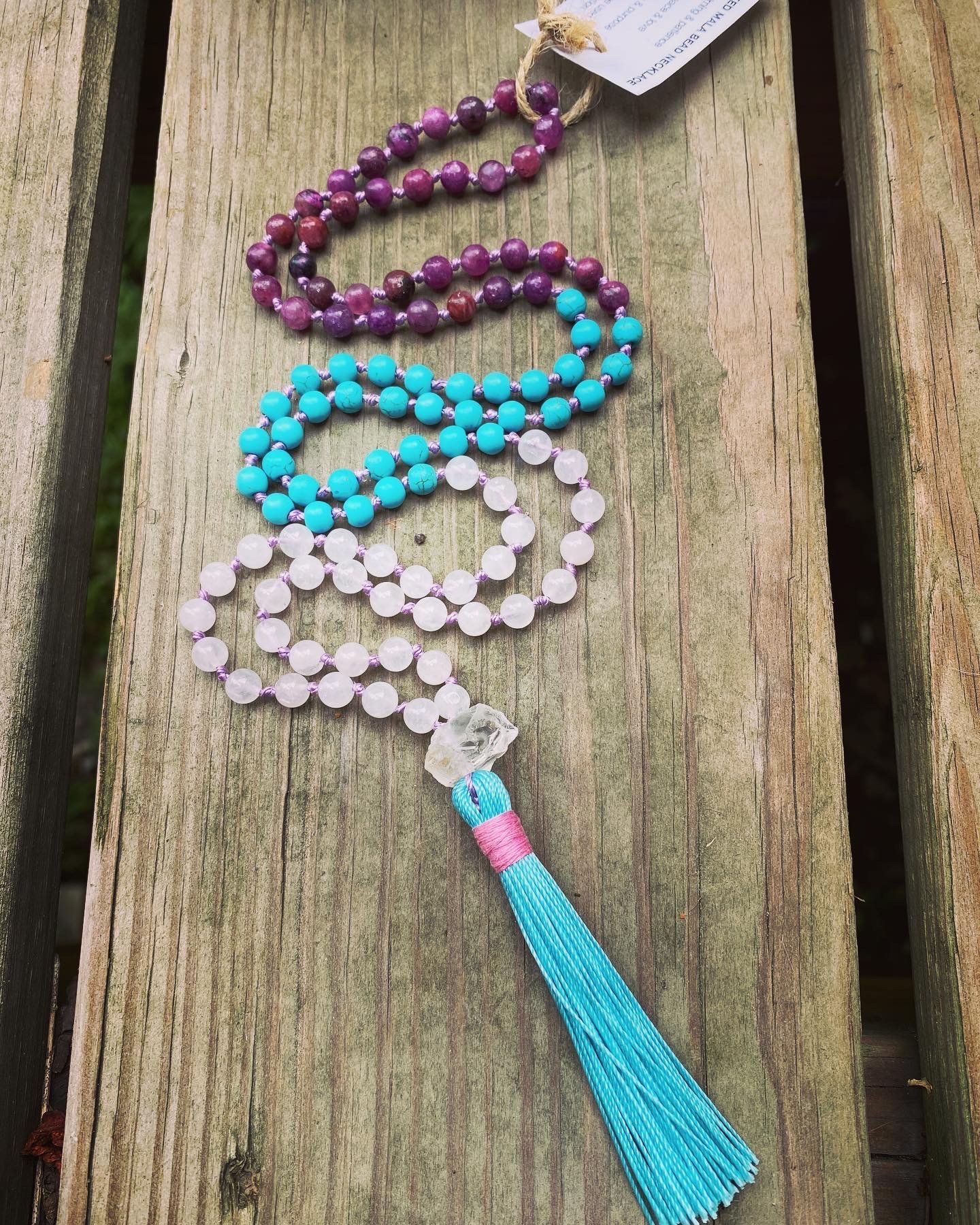 Howlite, Rose Quartz & Lepidolite Knotted Mala Bead Necklace with Quartz