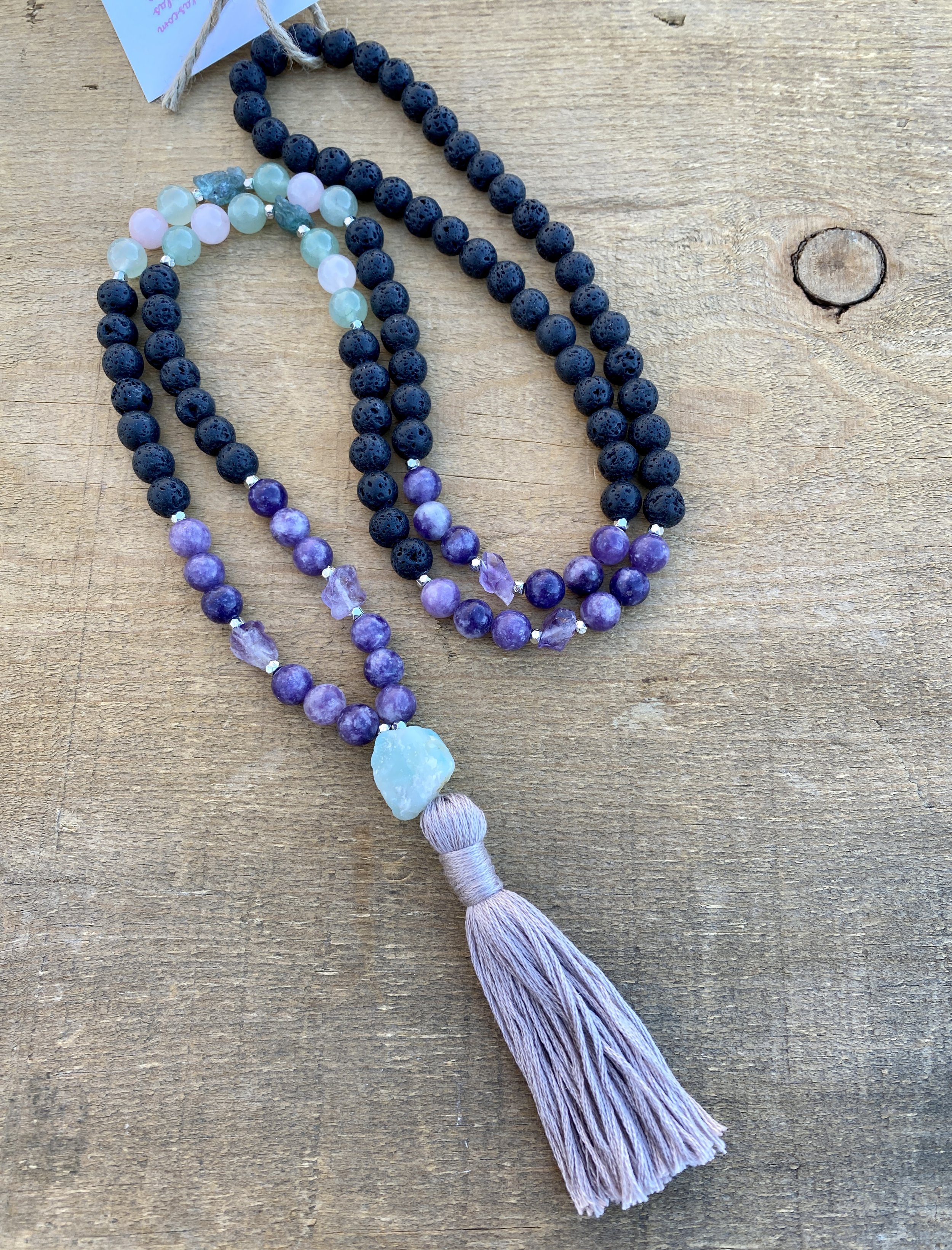 Lava stones, Aventurine, Amazonite, Kyanite, Amethyst, Lepidolite & Rose Quartz Mala Bead Necklace