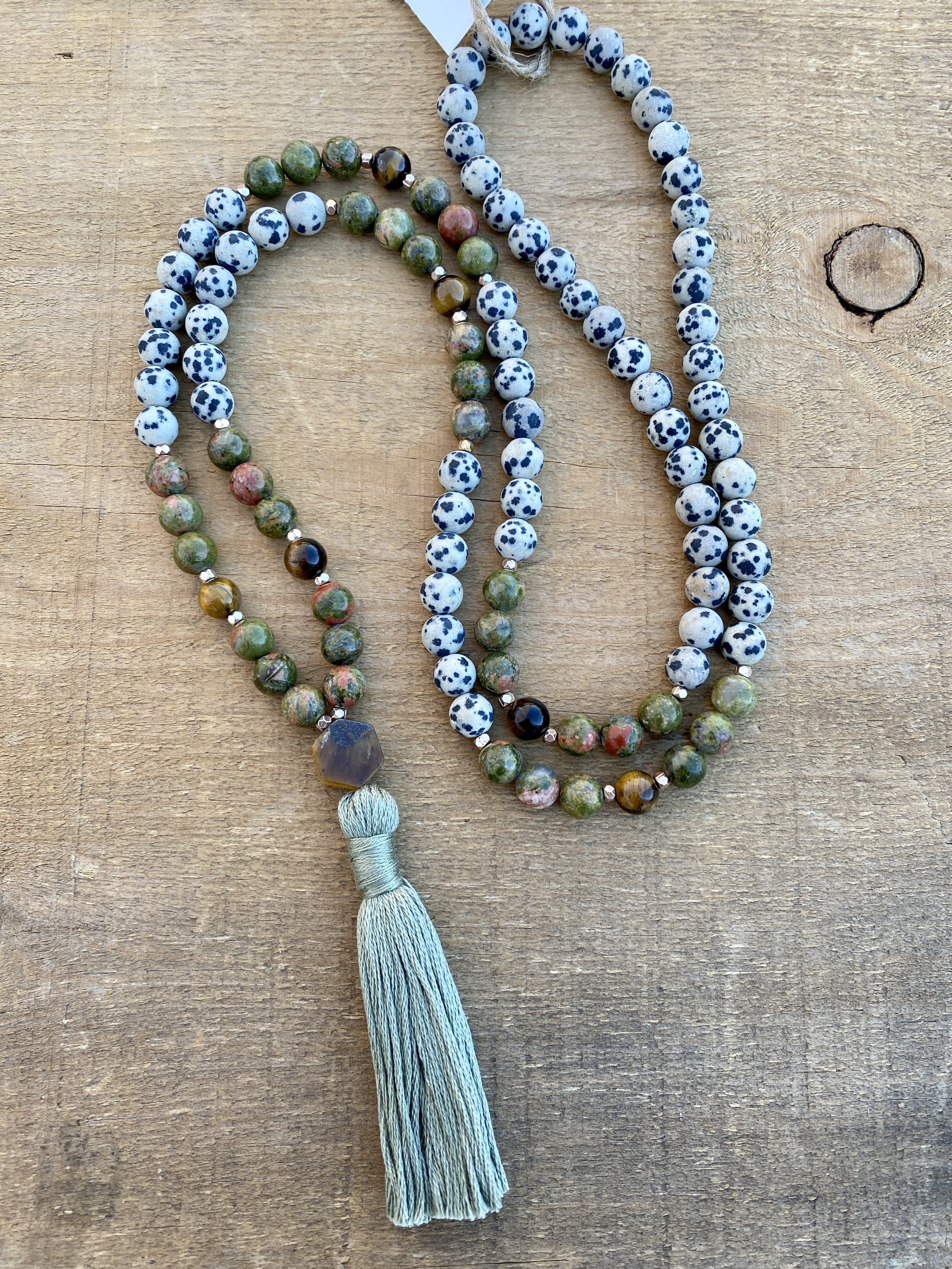 Dalmatian Jasper, Tiger's Eye & Unakite Mala Bead Necklace
