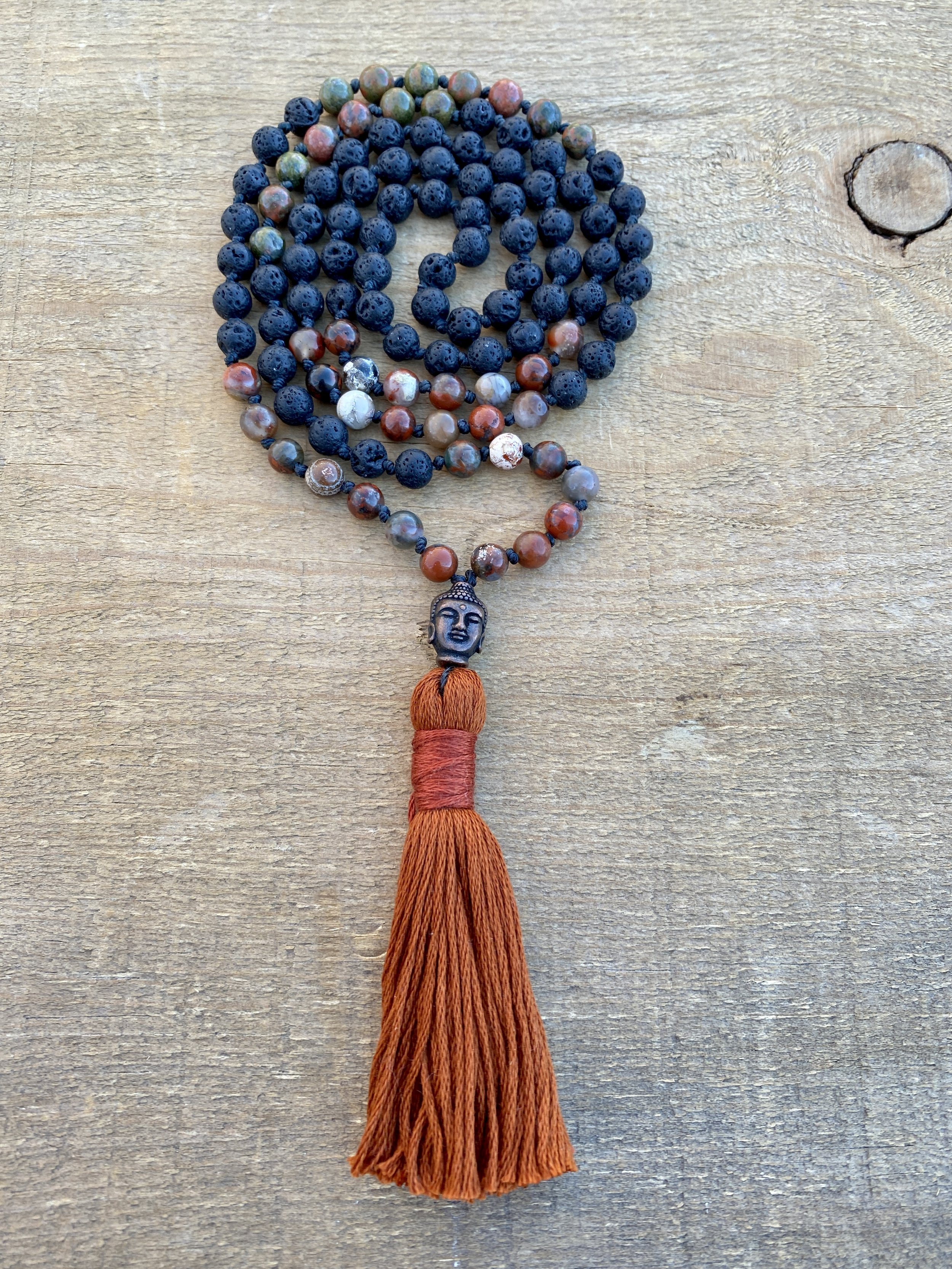 Unakite, Poppy Jasper & Lava Stone Knotted Mala Bead Necklace