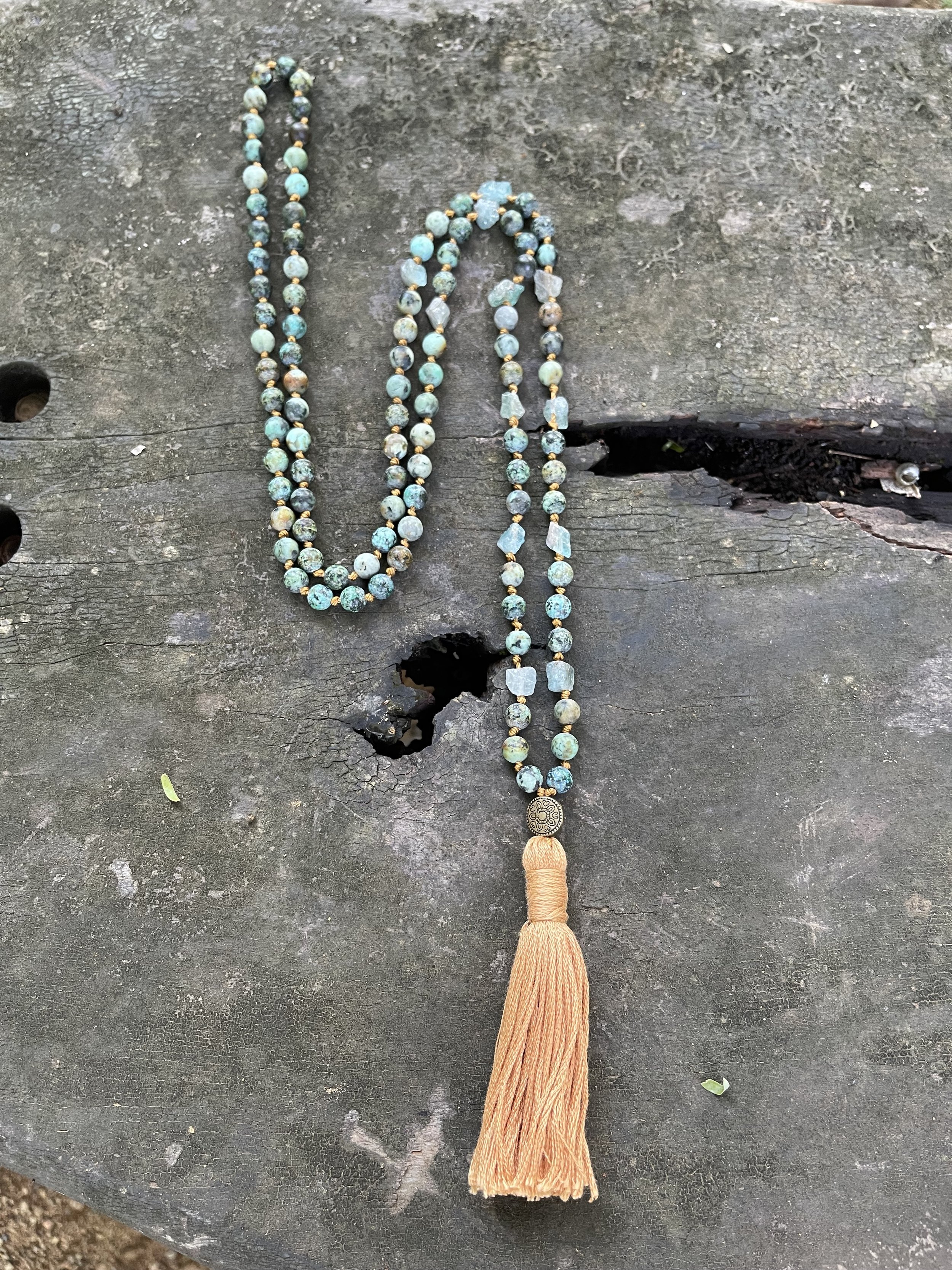 African turquoise & Kyanite Knotted Mala Bead Necklace