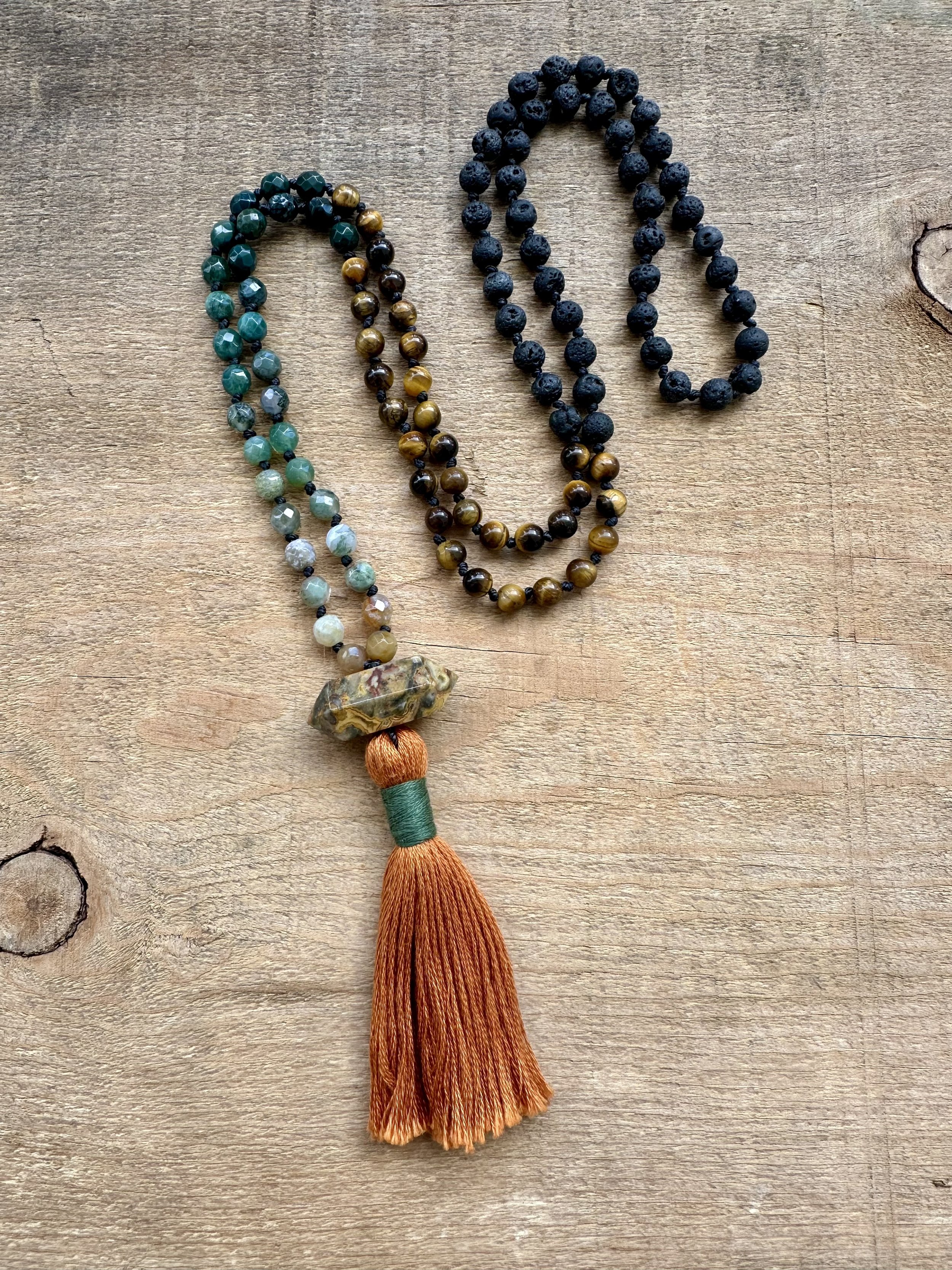 Tiger's Eye, Fancy Jasper & Lava Stone Knotted Mala Bead Necklace