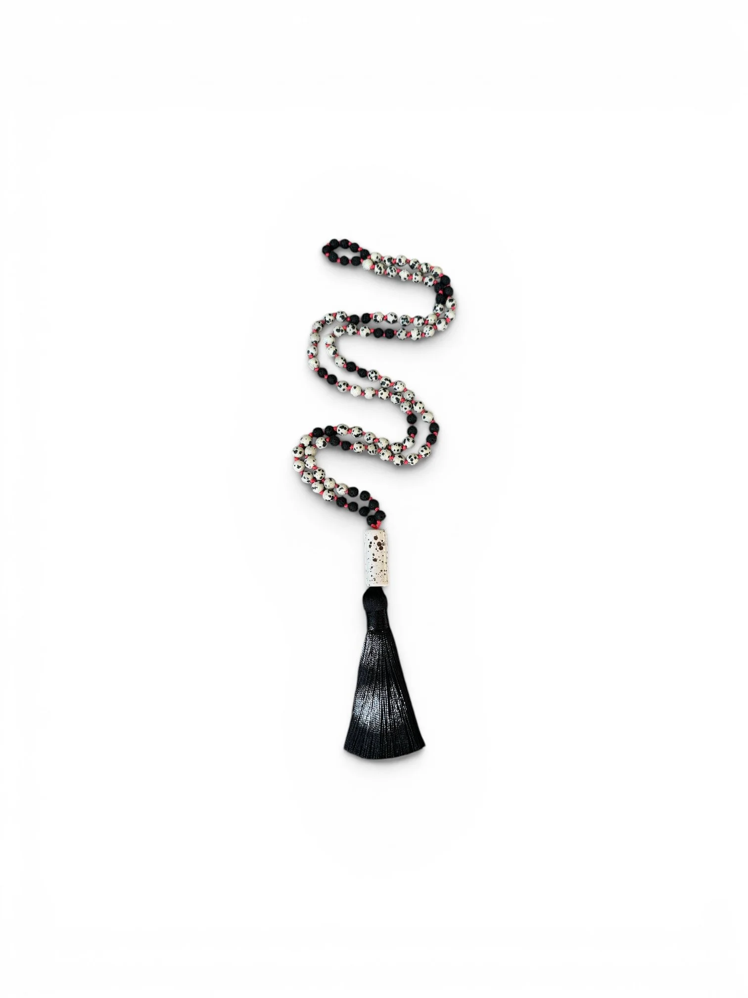 Lava stone & Dalmatian Jasper Knotted Mala Bead Necklace