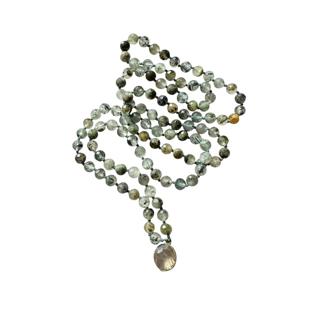 Phrenite & Labradorite Knotted Mala Bead Necklace