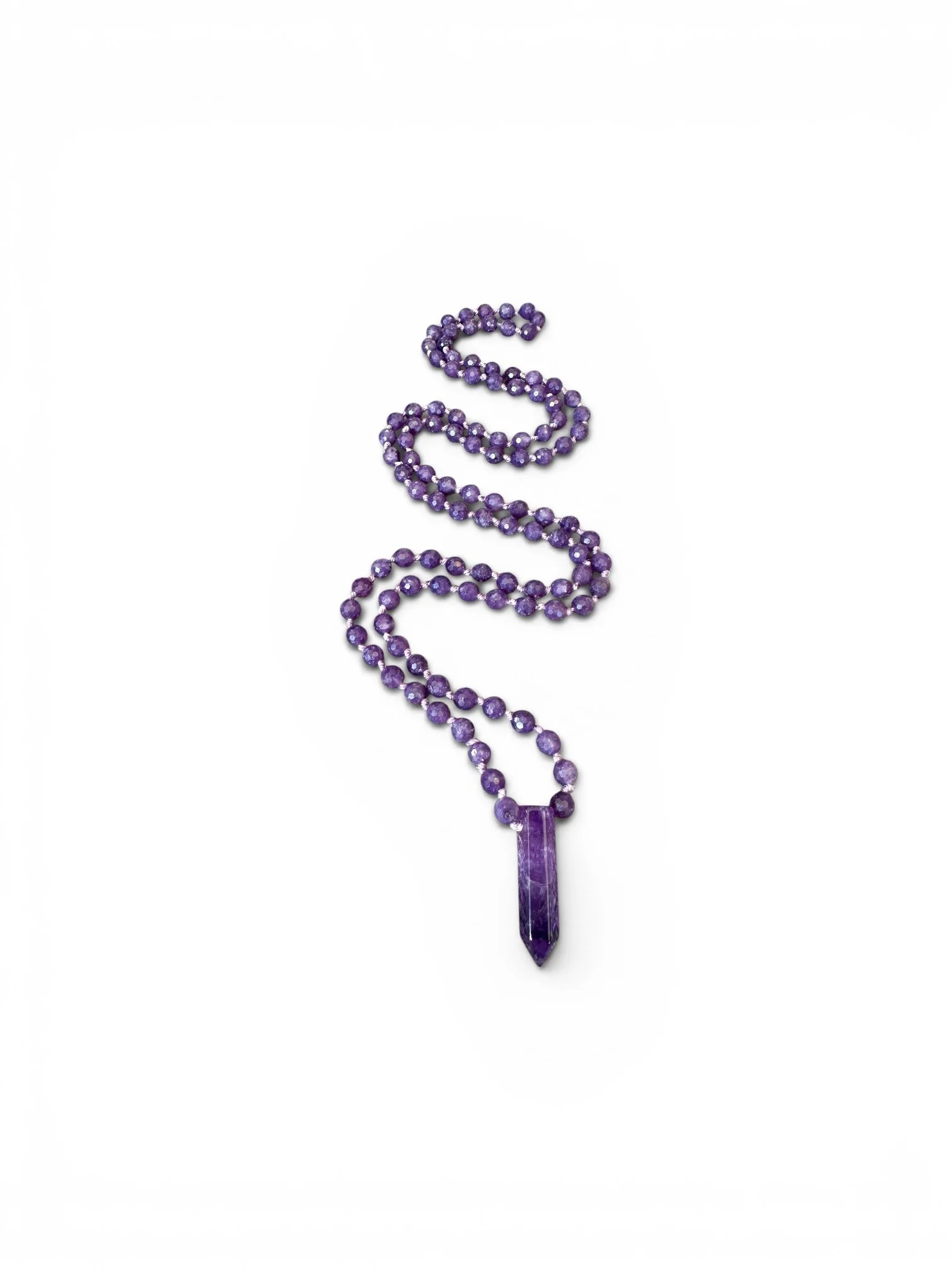 Lepidolite Knotted Mala Bead Necklace with Amethyst pendant