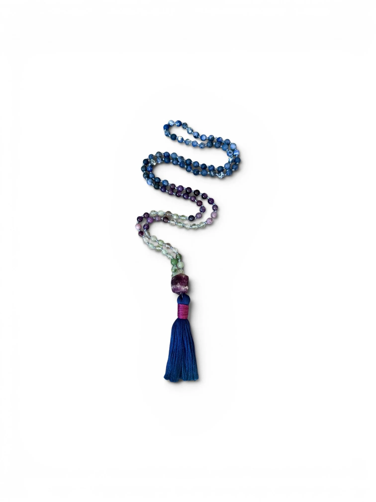 Amethyst, Fluorite & Sodalite Knotted Mala Bead Necklace