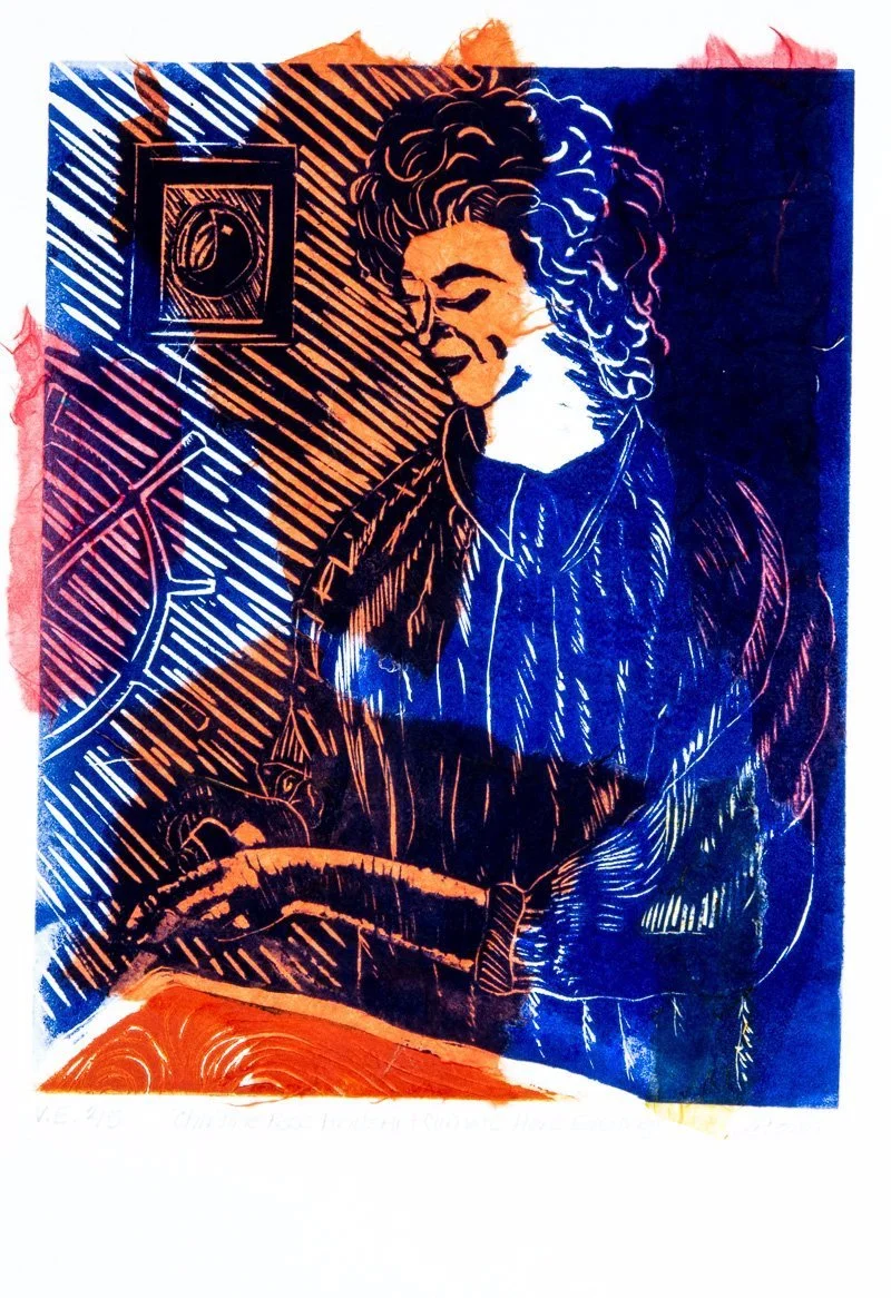 Christine Ross Finds Art Climate Exciting, 11.75"x15", Linocut, 2021