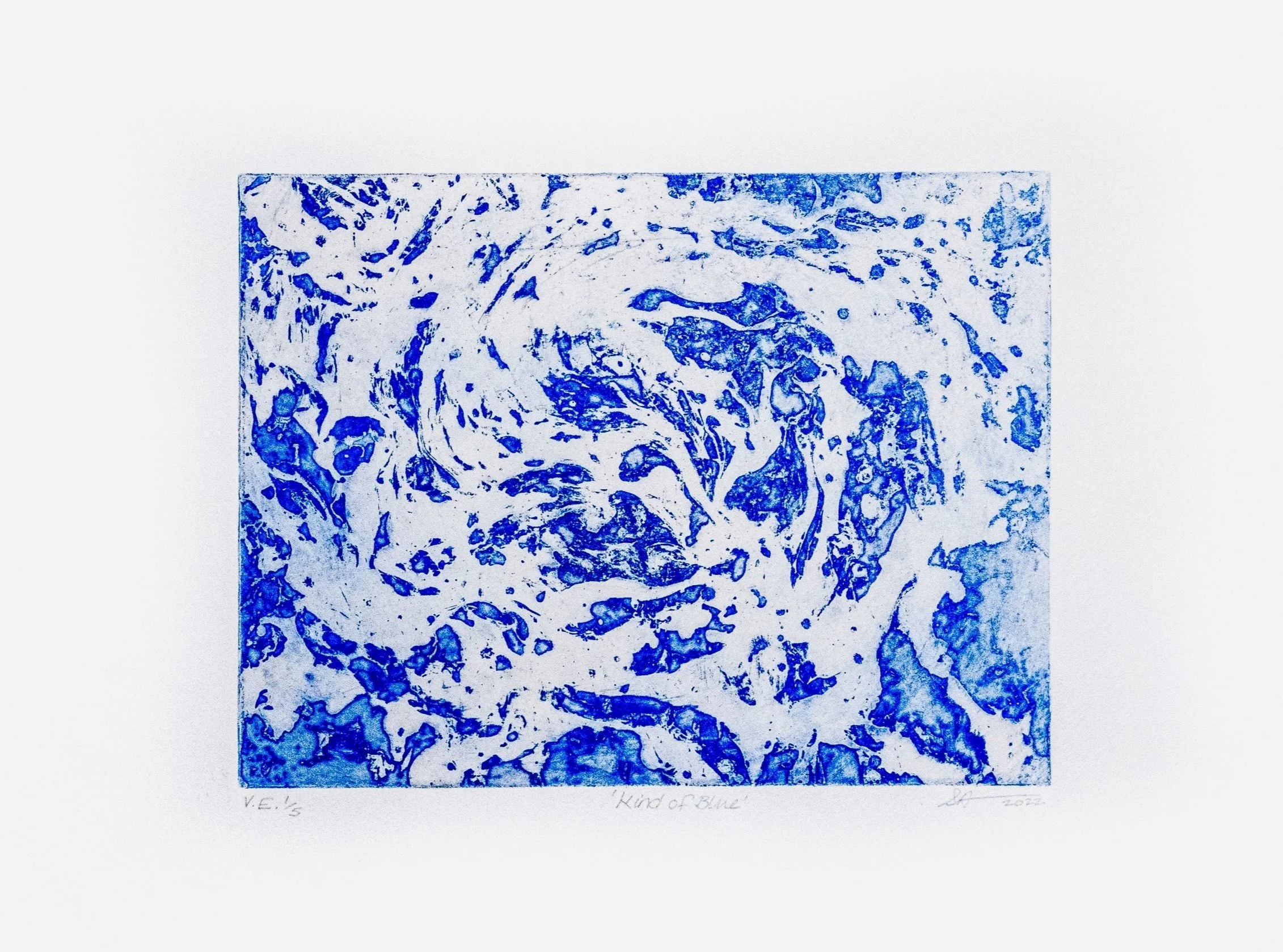 V.E. 1/3. 9" x12", Kind of Blue, Marble Etching, 2023