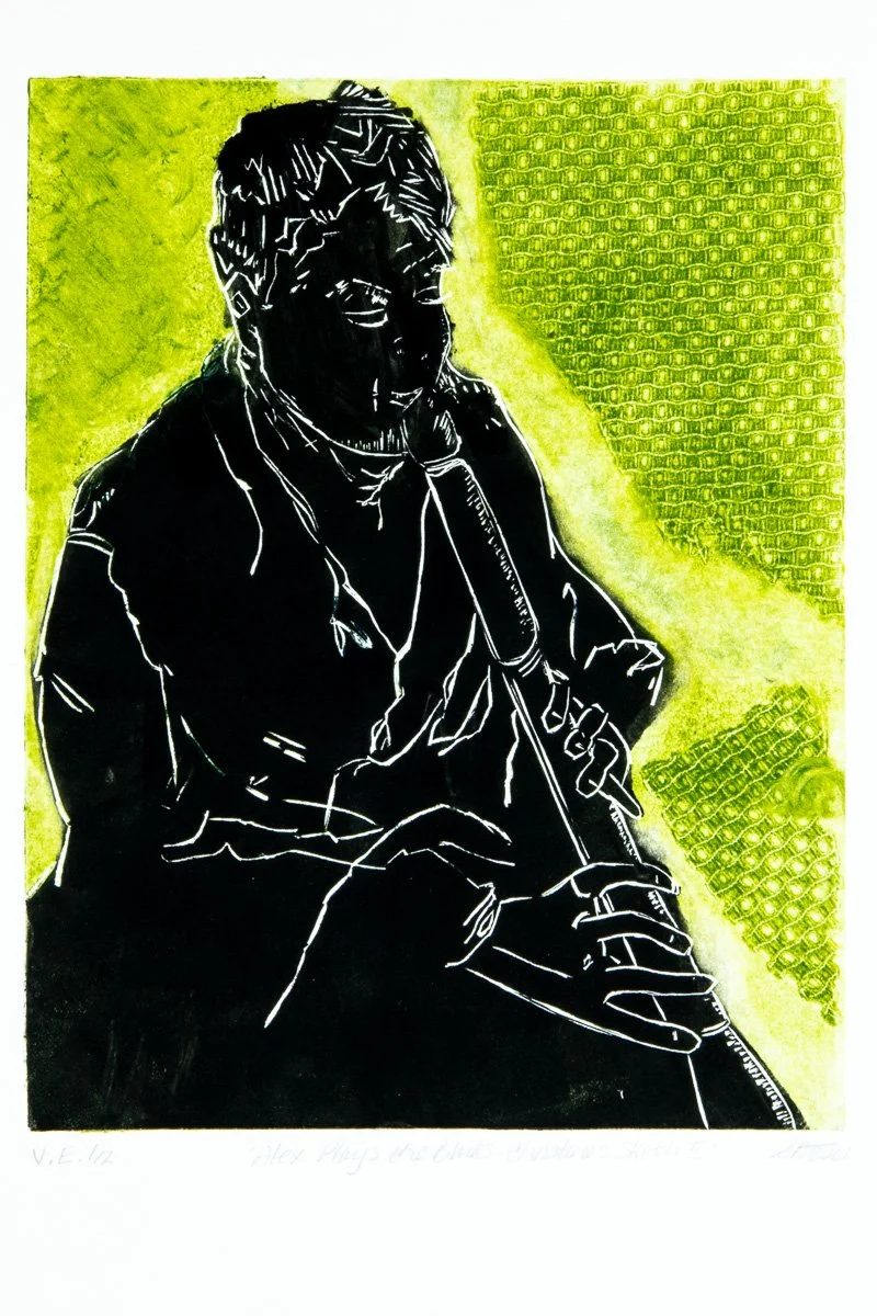 Alex Plays the Blues - Christine's Sketch II, 11.75"x15.5", Linocut, 2021