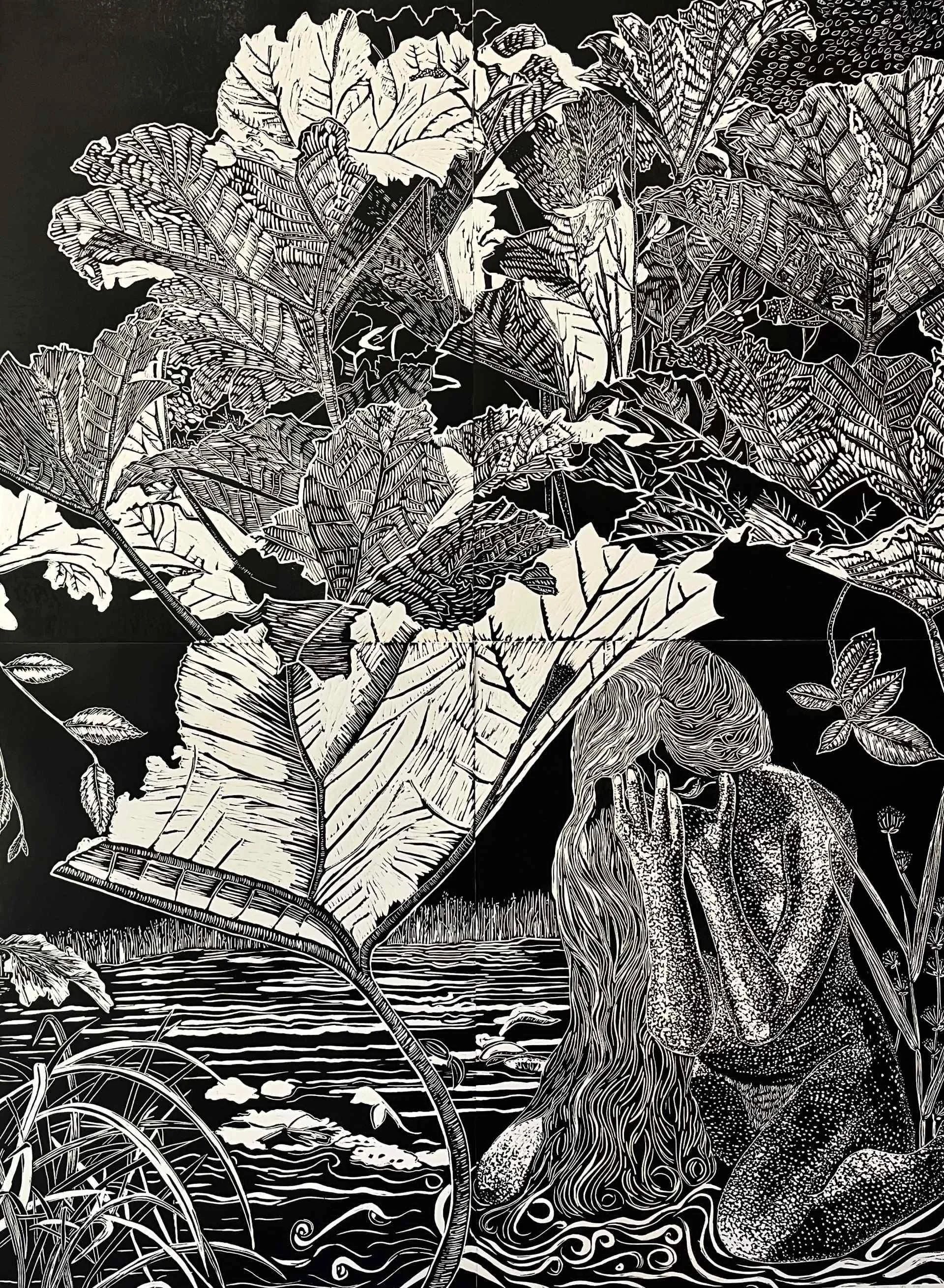 'Weight of Leaves' 36" x 48" Four-panel Linocut