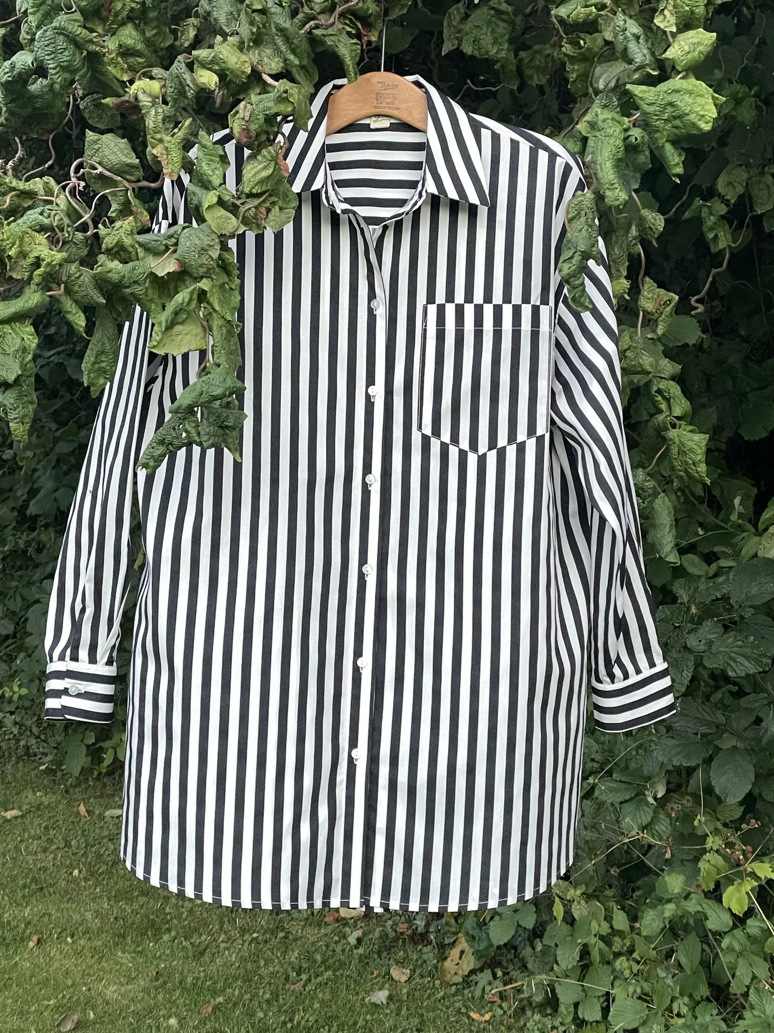 Black & white striped cotton boyfriend shirt, sample. — Linen Person