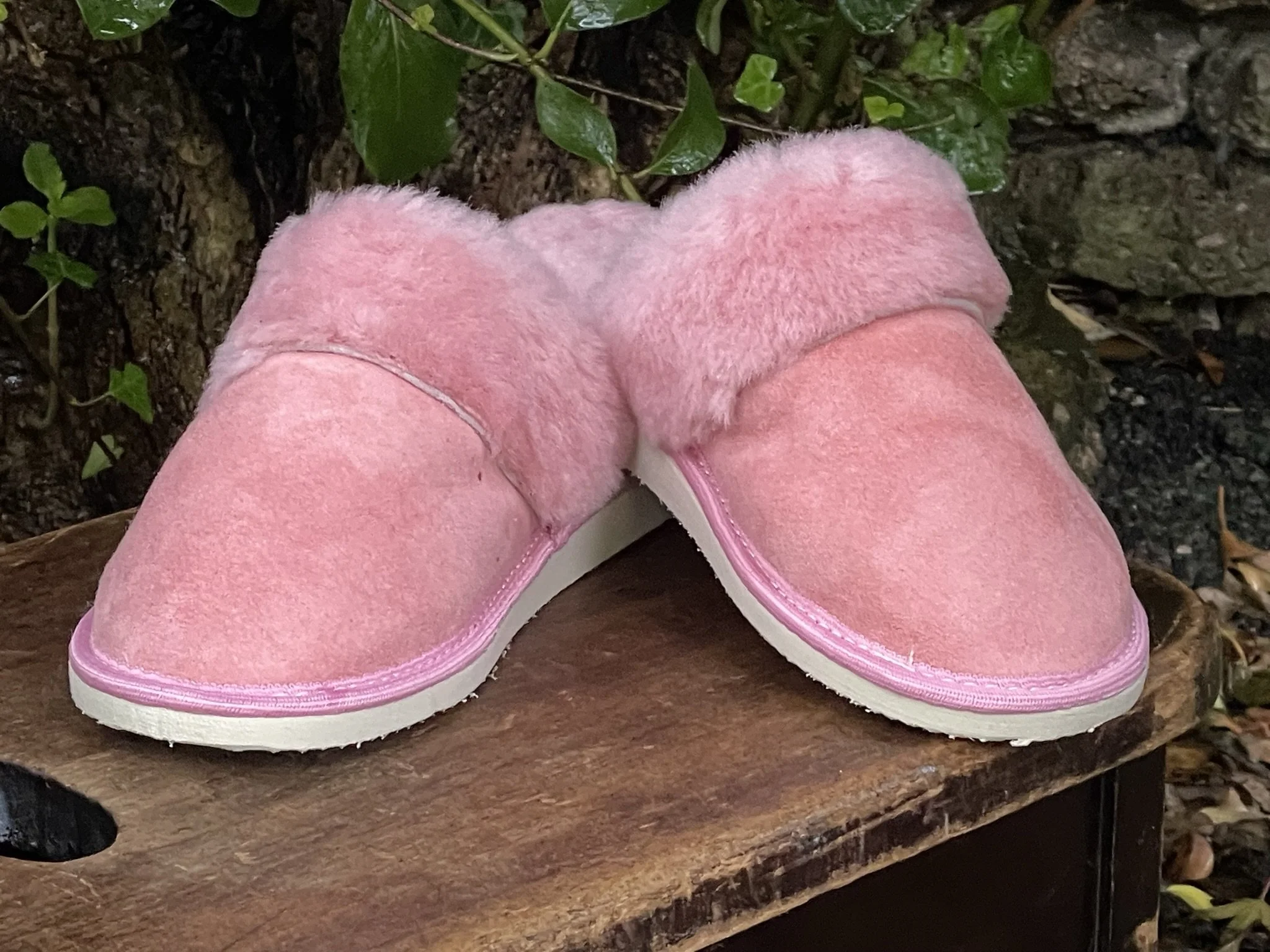 Pink sheepskin slippers samples — Linen Person