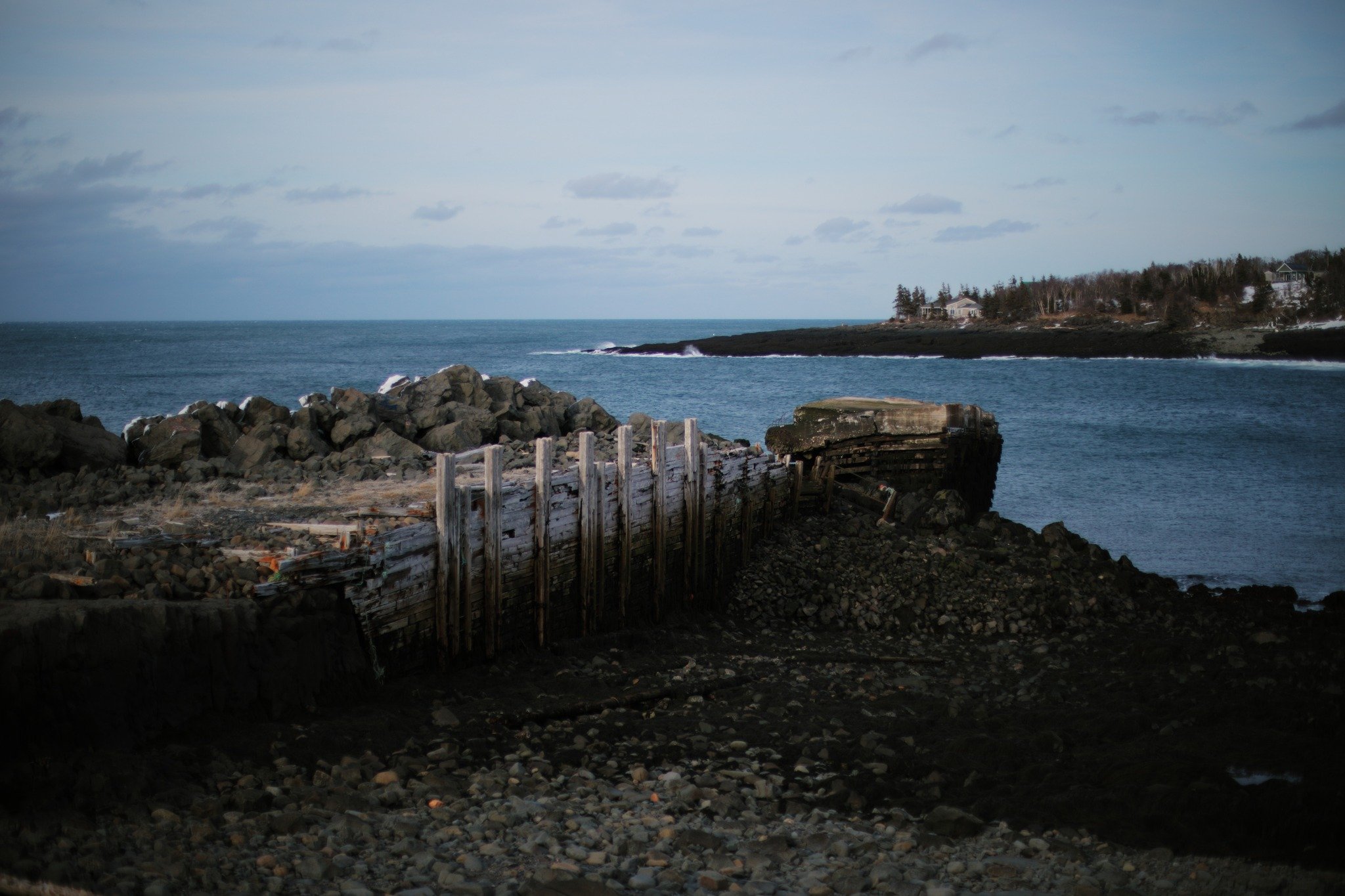 LIKE SOLIDARITY &mdash;&mdash; I was here last week when the water was high, and the broken halves of the long-abandoned Culloden wharf were like islands to each other. Low tide shows the extent of damage from decades past. It's remarkable how the se