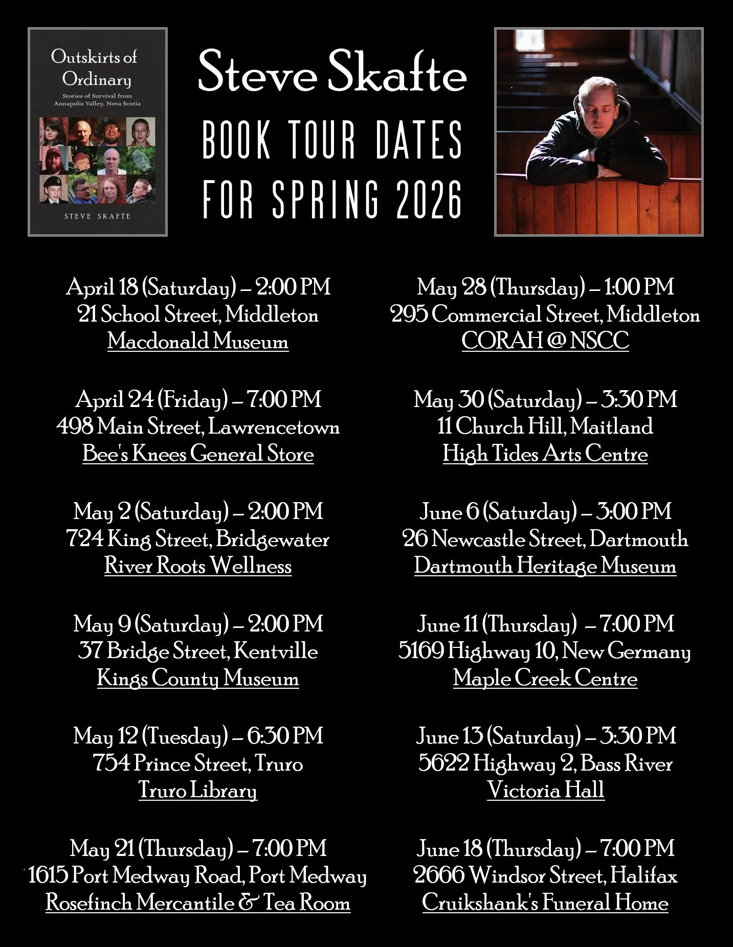 Where will we see each other this spring? I've got my book tour fully booked for April, May, and June with locations across western and central Nova Scotia. I'll be giving talks at a fantastic variety of venues. Hope to see you at one of them!

I'm s