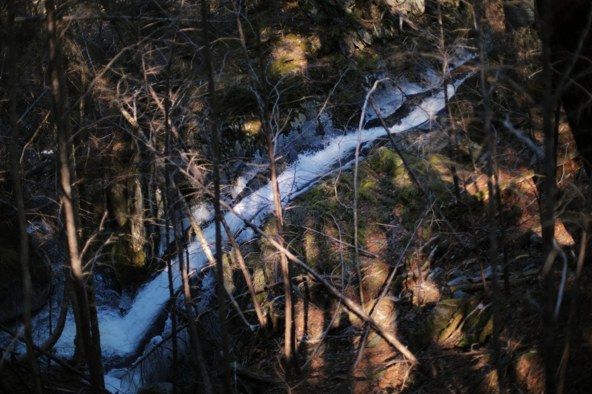 HALO OF ICE &mdash;&mdash; There's such a wild-eyed free feeling to the Clementsport Falls. Most of what makes it beautiful is an incredible simplicity. Water from a stream with no much force behind, narrow cascade descending diagonally like the flow