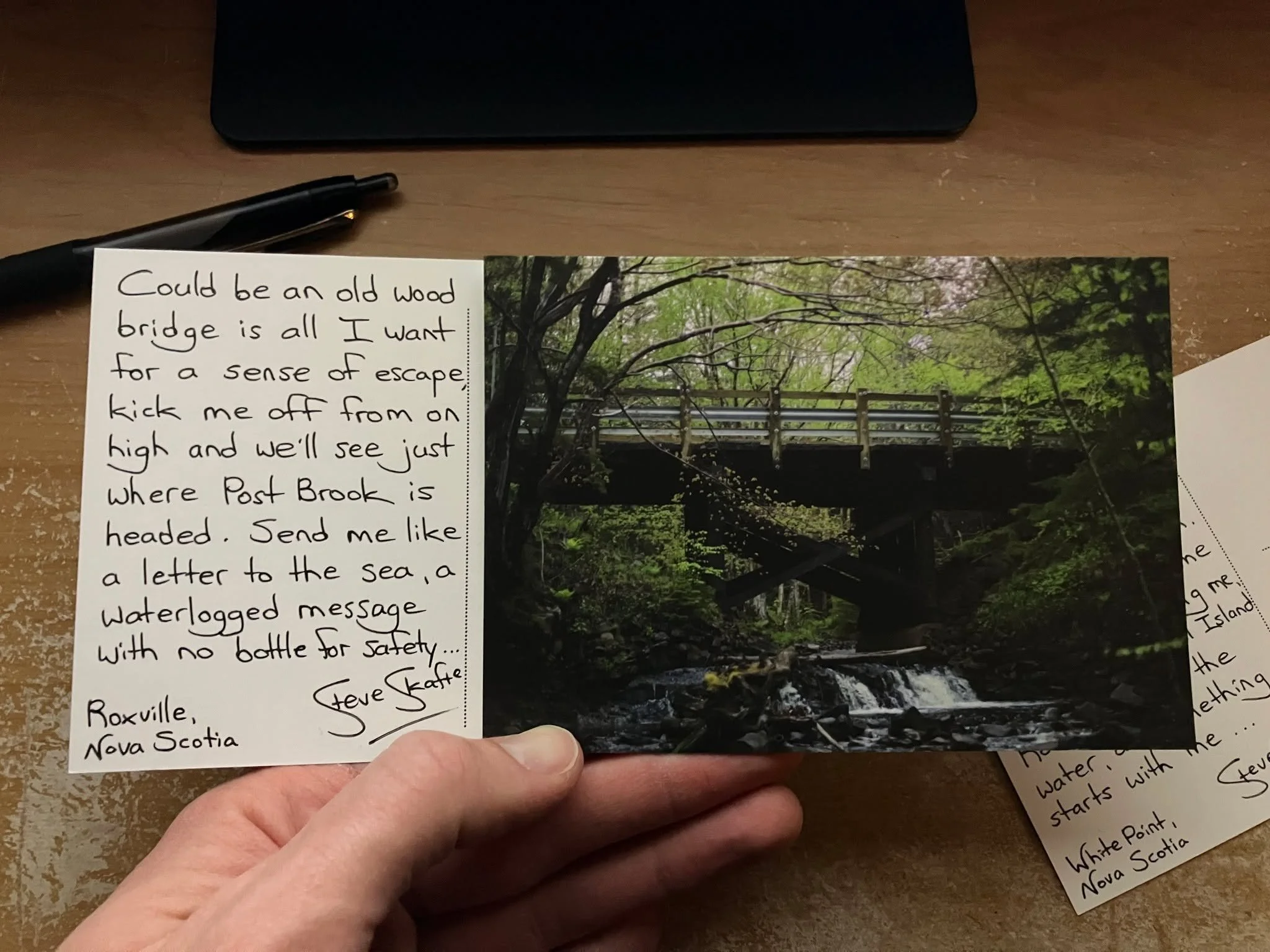 Perhaps the single happiest occasion each month are the handwritten postcards I send out into the world. It's a truer connection between us, bridging space. No two paragraphs are unlike, each one only for you. $8 in Canada, $10 Worldwide &mdash; patr
