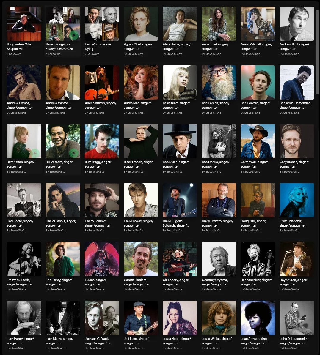 Do you love songwriters as much as I do? They've been my main source of inspiration for decades. With that in mind, I've compiled more than 80 playlists for you of my favourites! No covers, original songs only. Hope you find something new to love! Ev