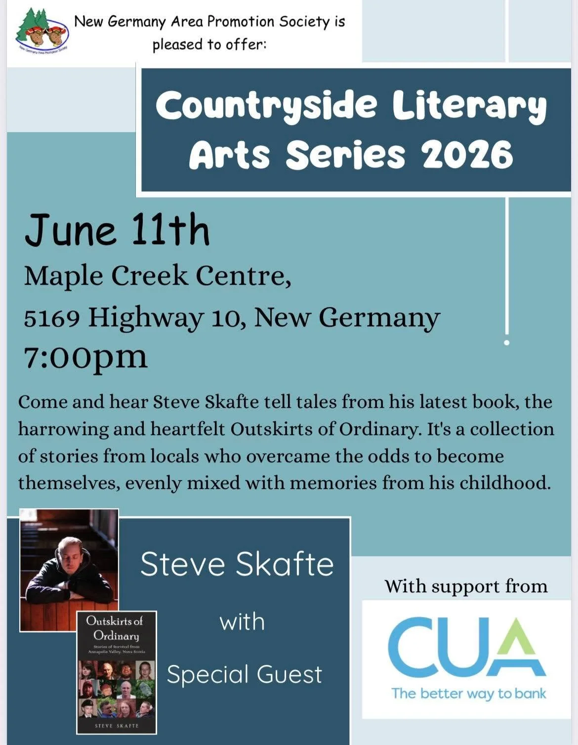 Next talk on my book tour is coming up soon! First time I've ever had the chance to speak at Maple Creek Centre, way off inland in New Germany &mdash; one of my favourite towns. Can't make it? No worries, I've still got plenty more dates to come:

Ju