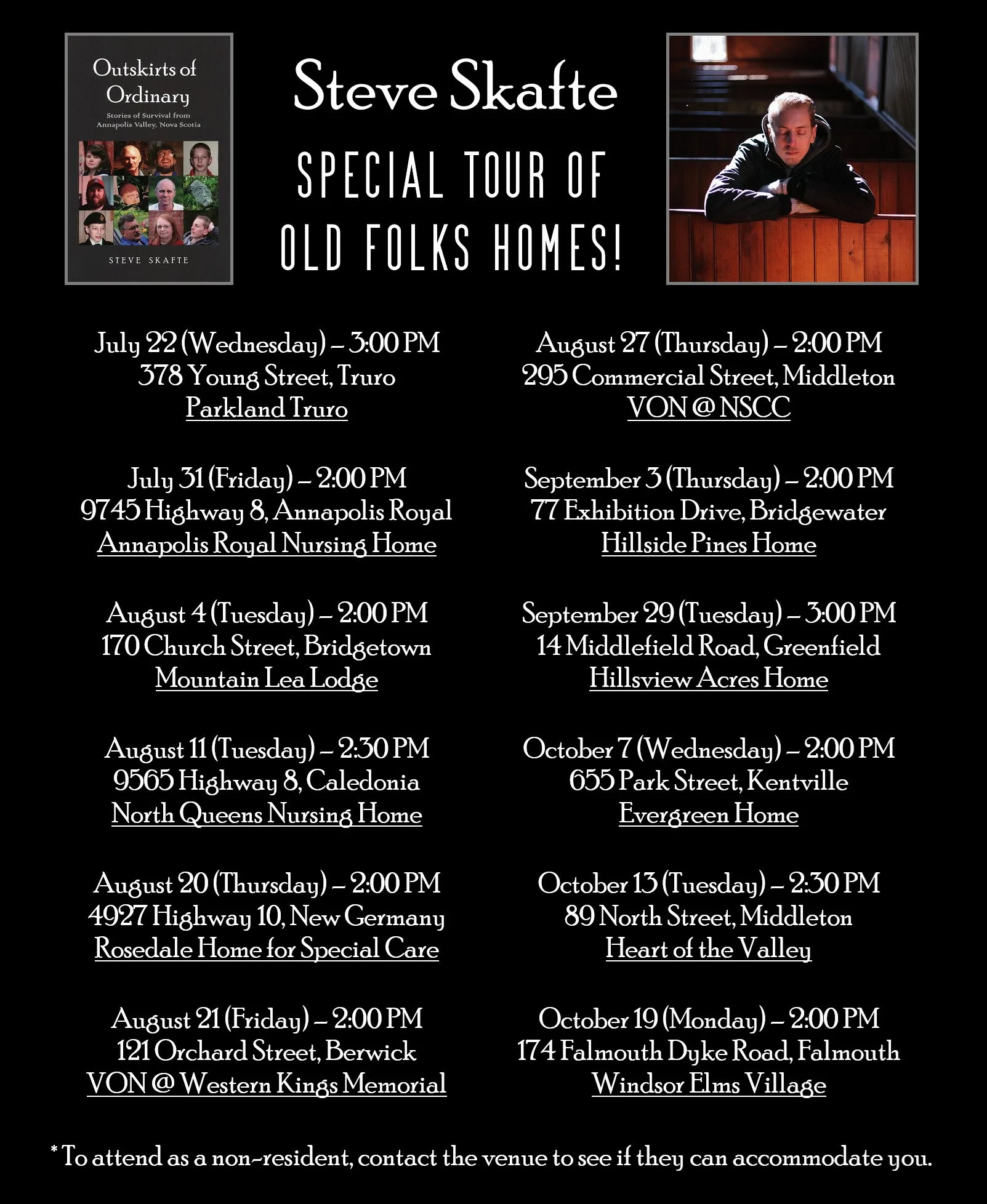 I'm super excited to announce that my first speaking tour aimed entirely at seniors is about to kick off! As someone whose greatest friends growing up were elderly, this means a lot to me.

I'll be coming out and telling tales about folks from Annapo
