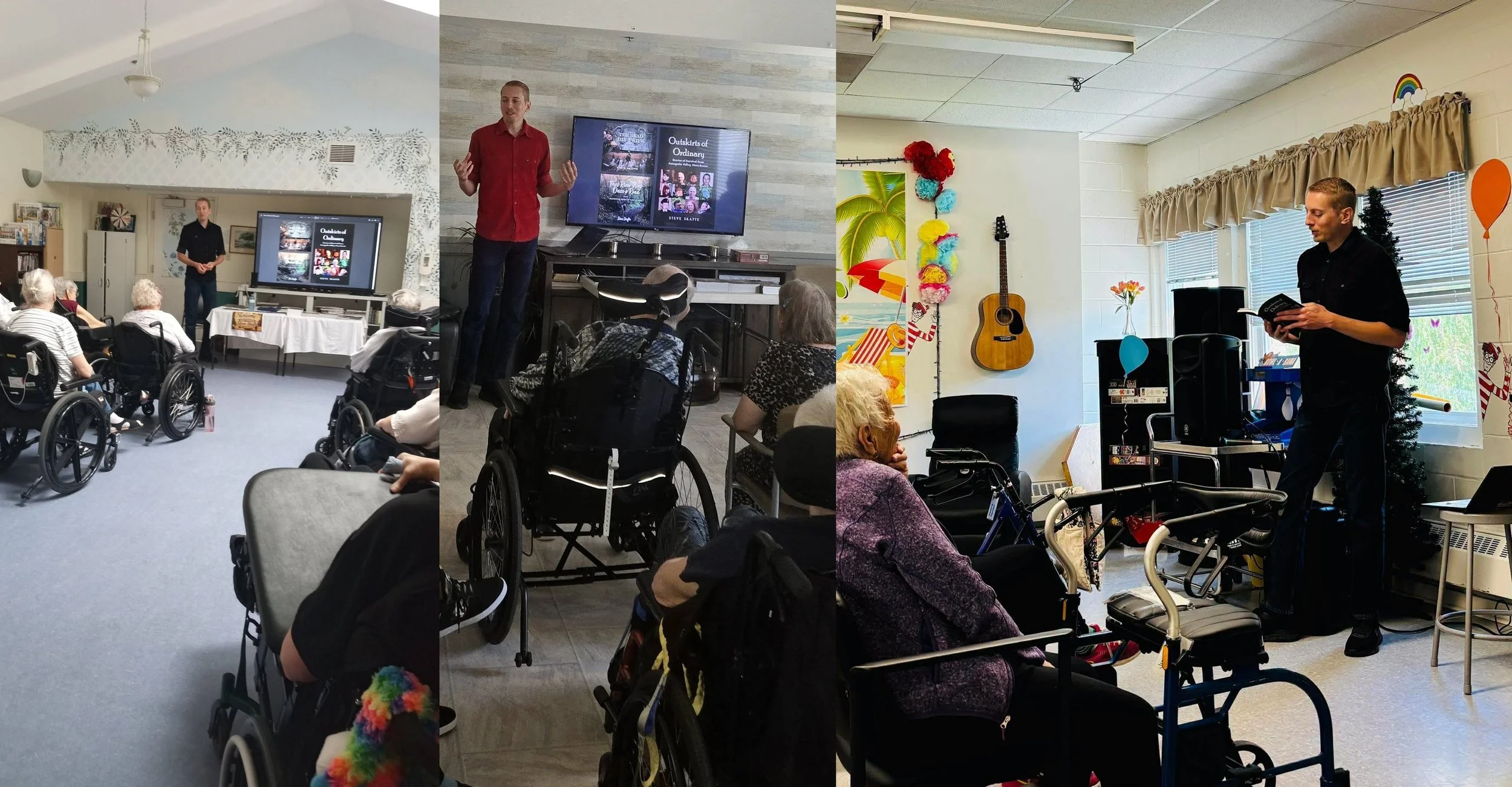 Midway through my tour of nursing homes! It's been a real pleasure telling tales from my latest book (Outskirts of Ordinary) to a room full of friendly faces. From left to right, these photos are from Annapolis Royal Nursing Home, North Queens Nursin