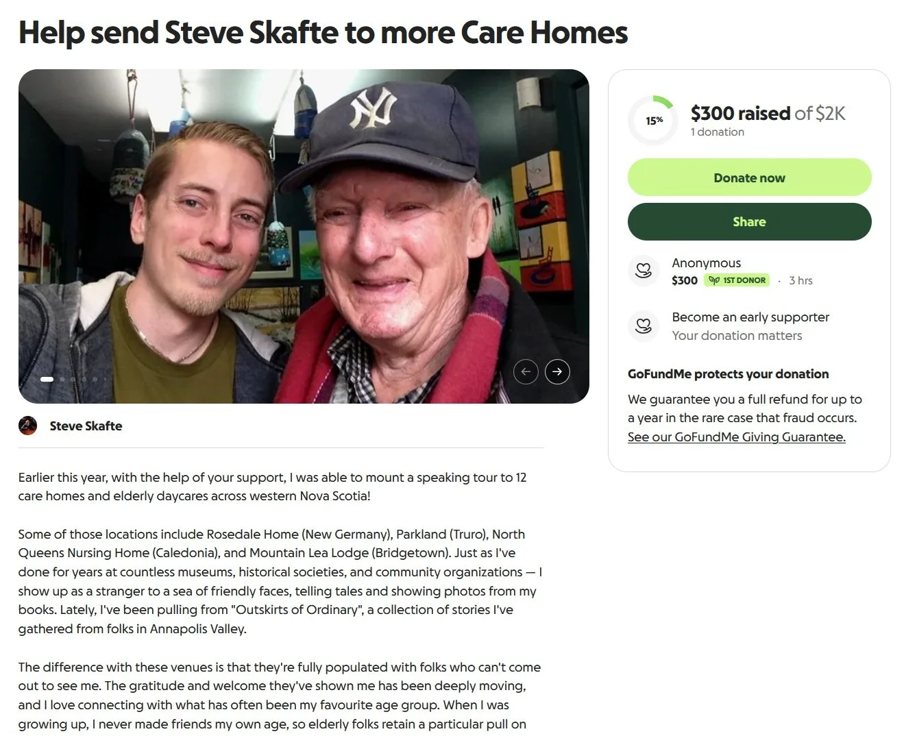 Halfway through my first tour of nursing homes, and I'm eager to visit more! Can you help me make this happen? If not, please share this fundraiser with those who can. Through the coming months, I'm hoping to visit many more down here in my home coun