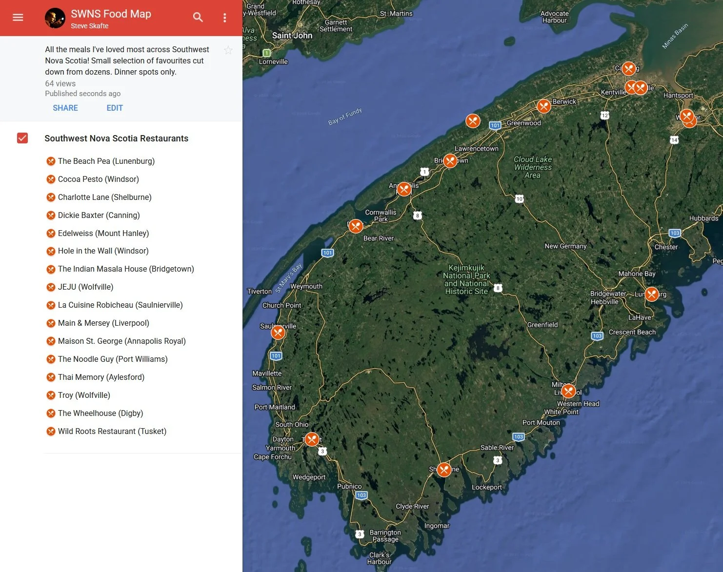 Southwest Nova Scotia Food Map &mdash; Totally different from the other maps I've produced, but perhaps if you&rsquo;re traveling in my corner of the province, you&rsquo;ll find it useful! All the meals I've loved most in this area. Small selection o