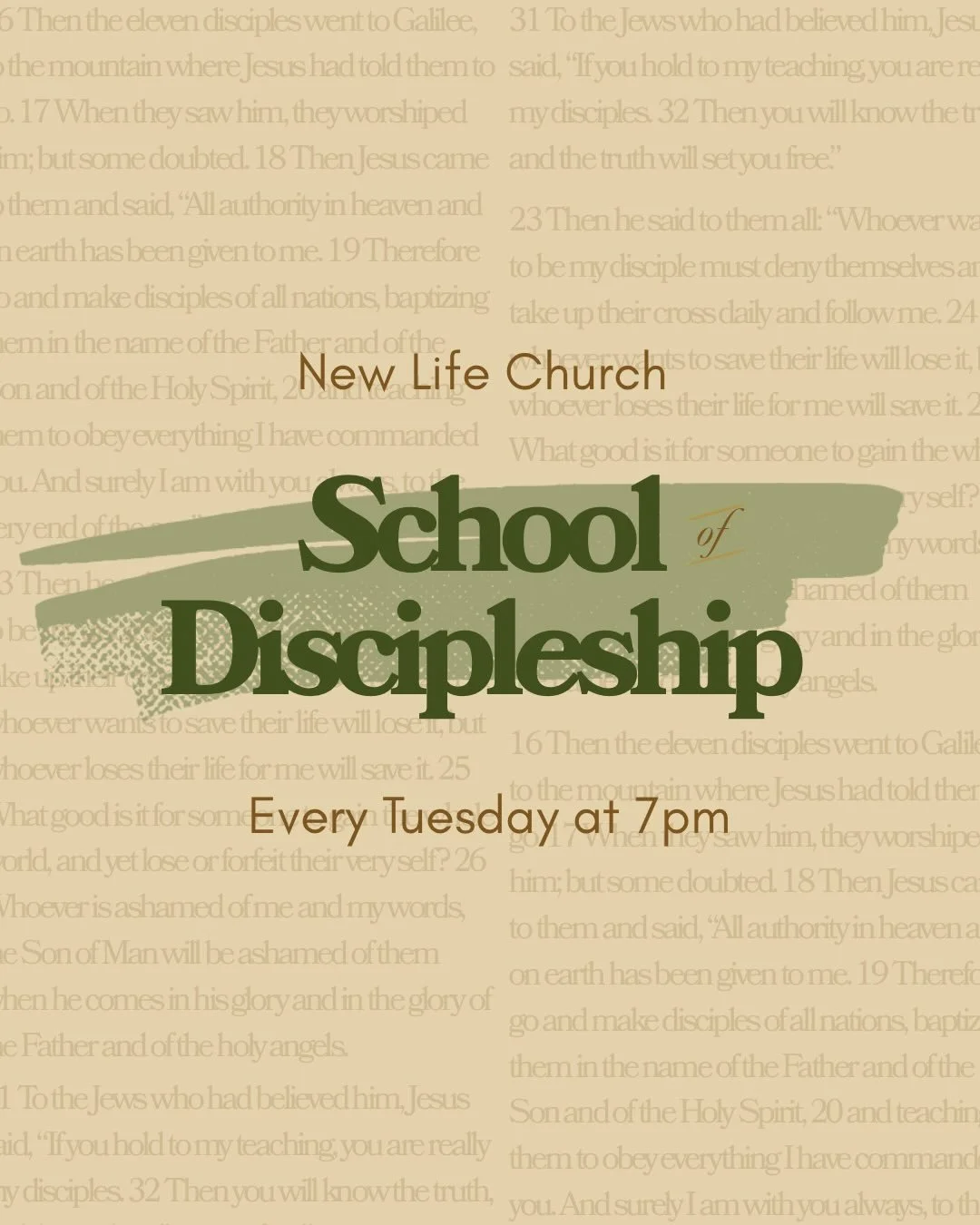Grow Deeper, Walk Stronger.
Join us every Tuesday at 7pm for School of Discipleship.

Hazte M&aacute;s Profundo, Camina M&aacute;s Fuerte.
&Uacute;nase a nosotros todos los martes a las 7 pm para la Escuela de Discipulado.