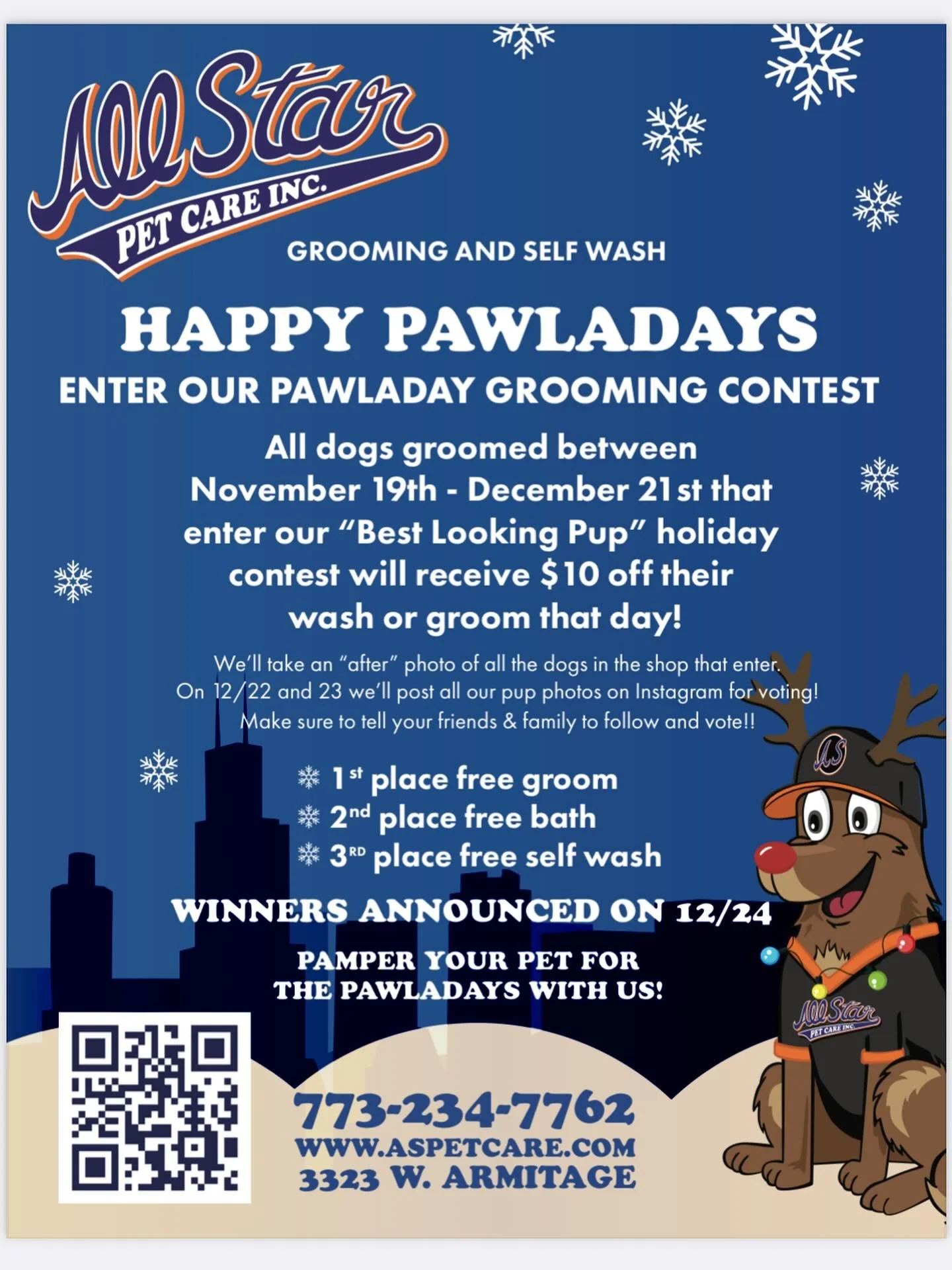 Hi Friends!  Any Groom or Bath between now and 12/21 is $10 off if you want to enter our Pawladay Contest!  We&rsquo;ll post photos of every dog on 12/22 and you&rsquo;ll vote for the Best Looking just in time for Santa!