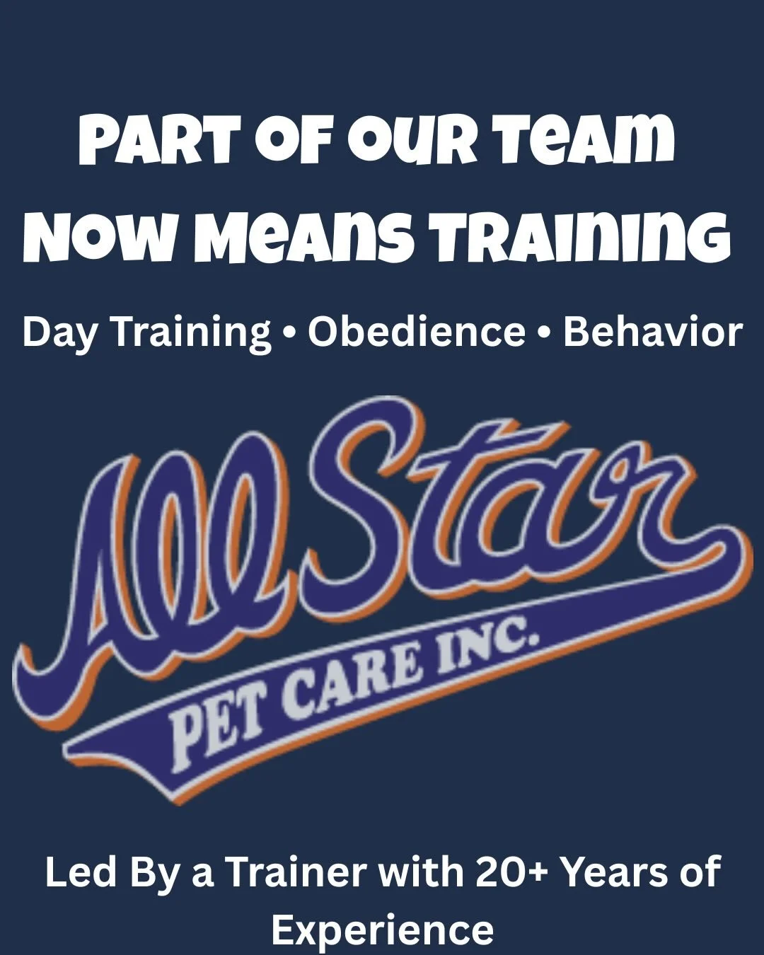 We&rsquo;re excited to officially offer training at All Star Pet Care.

From day training during daycare to structured obedience classes, we&rsquo;re now helping dogs build better behavior &mdash; not just burn energy.

If your dog struggles with:
&b