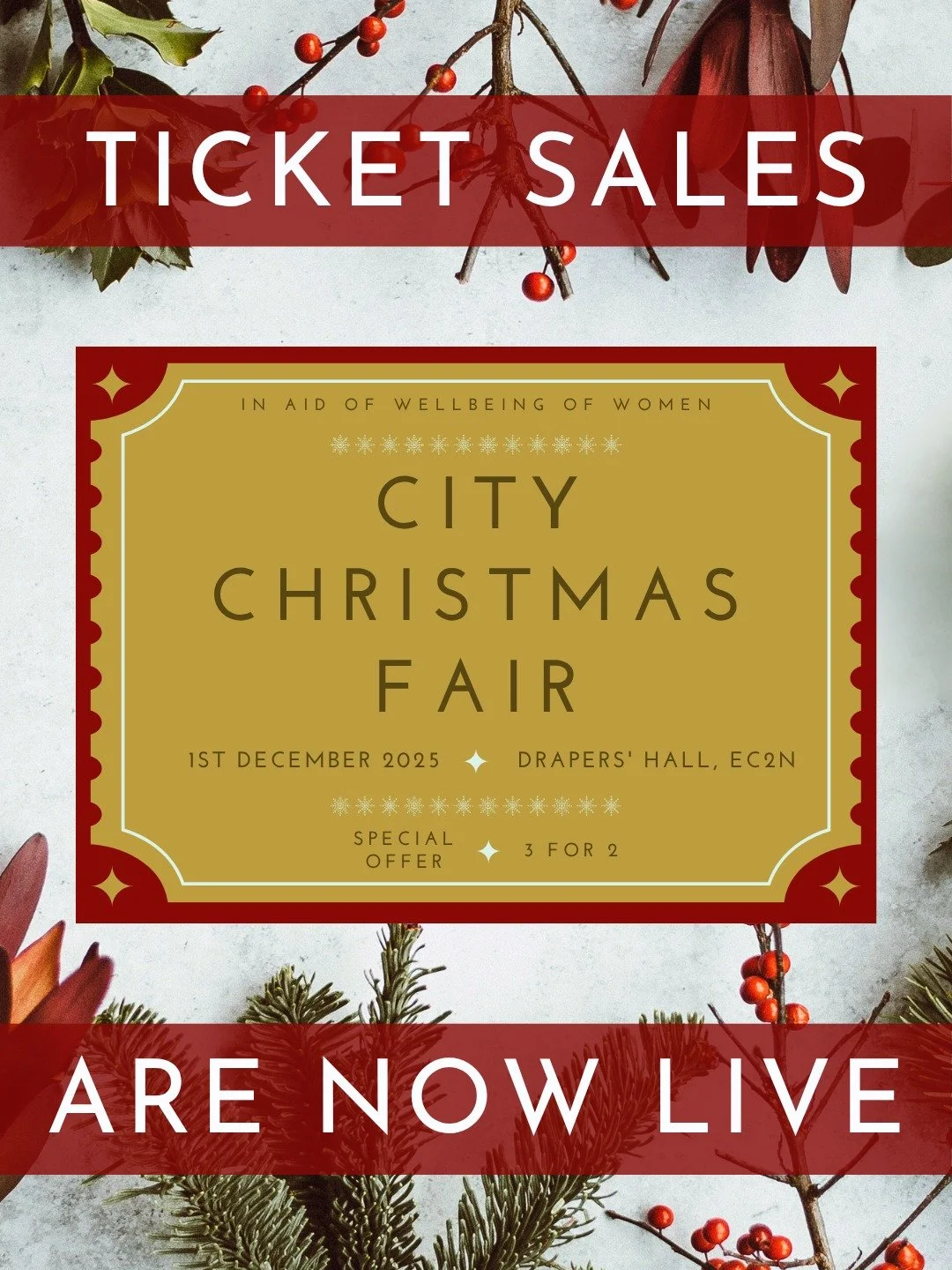 🎟 Tickets for the City Christmas Fair are now on sale!

🎁 Don't miss out on our special offer of three entrance tickets for the price of two. This special runs for a limited time only. 

🎄We can't wait to share more information about this year's f