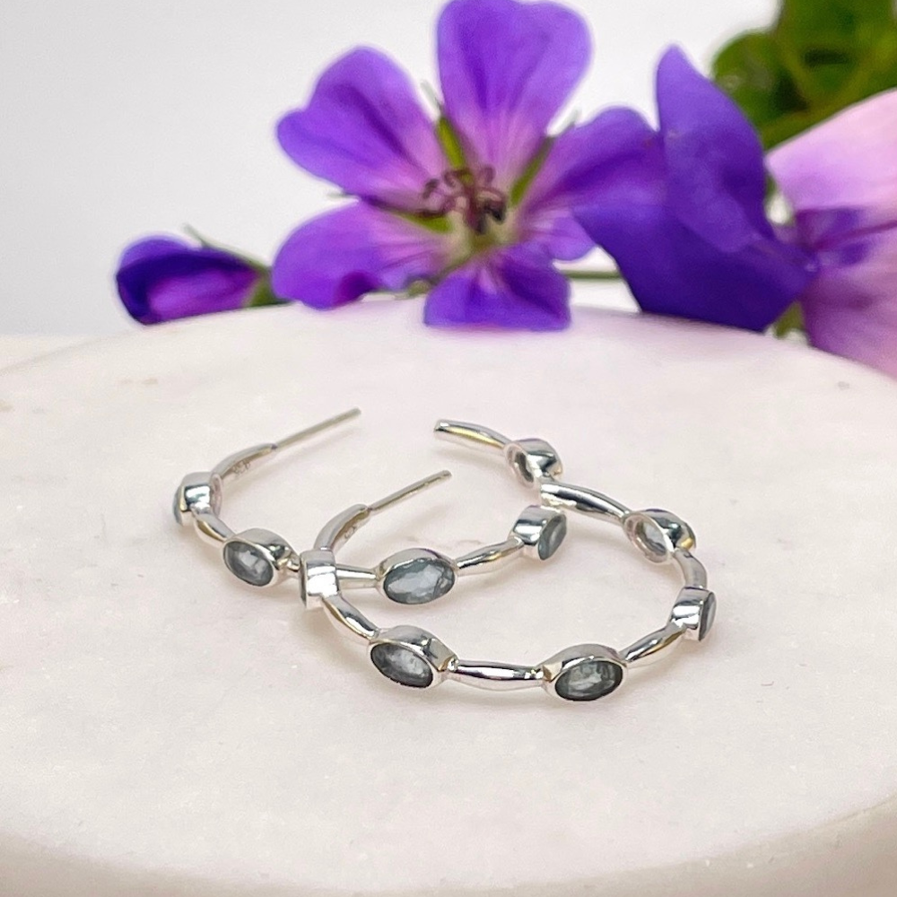 Apatite Gemstone Silver Hoop Earrings by Flutterby
